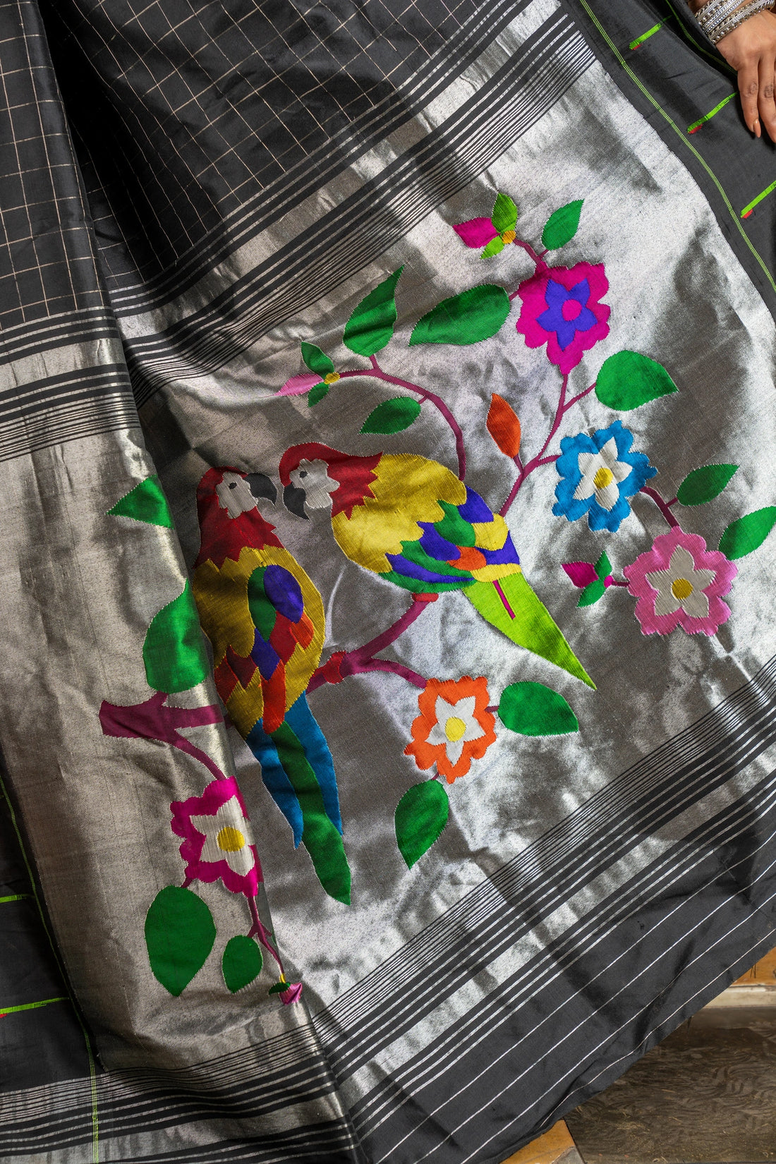 Stunning black Handwoven Pure Silk Muinya paithani in Silver zari