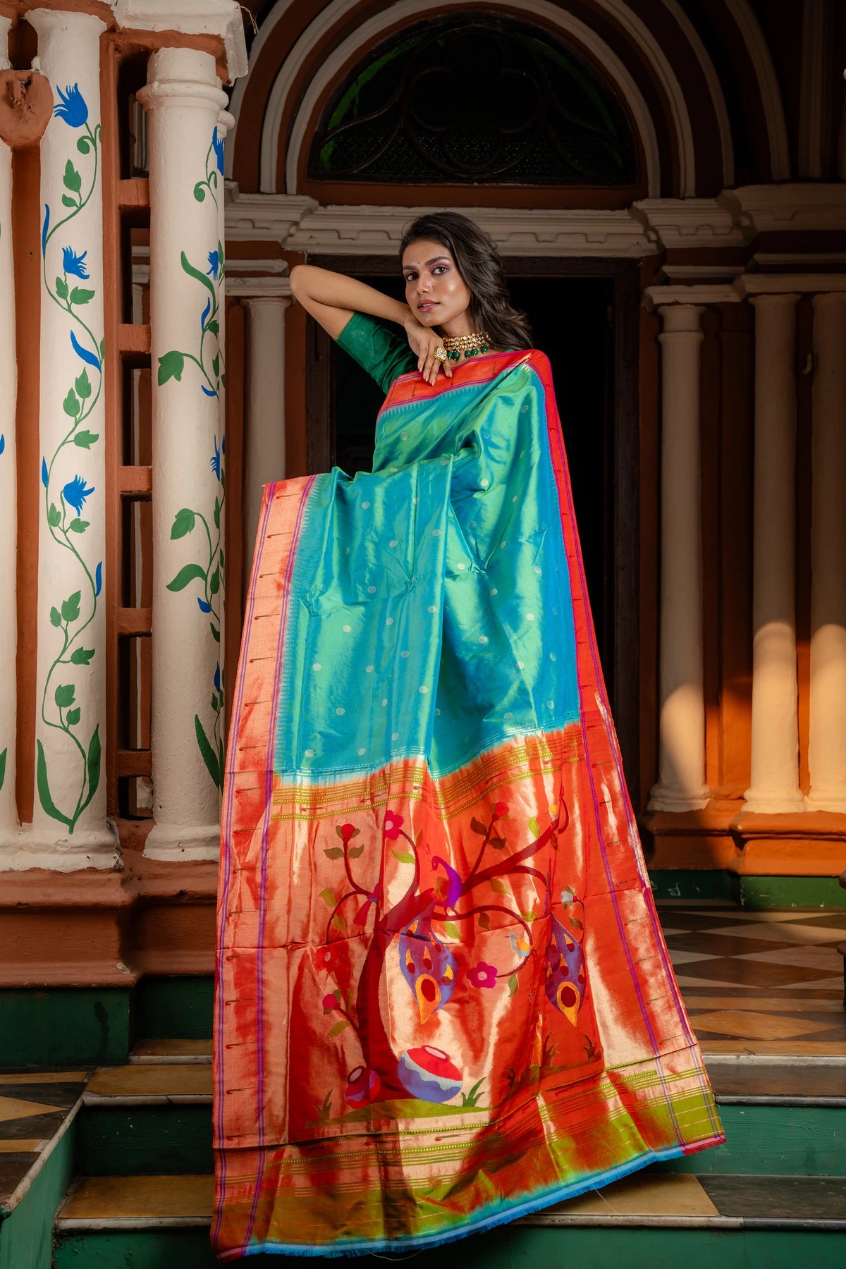 Dual Tone Pure Silk Handwoven Muniya Border Paithani with Designer Forest pallu