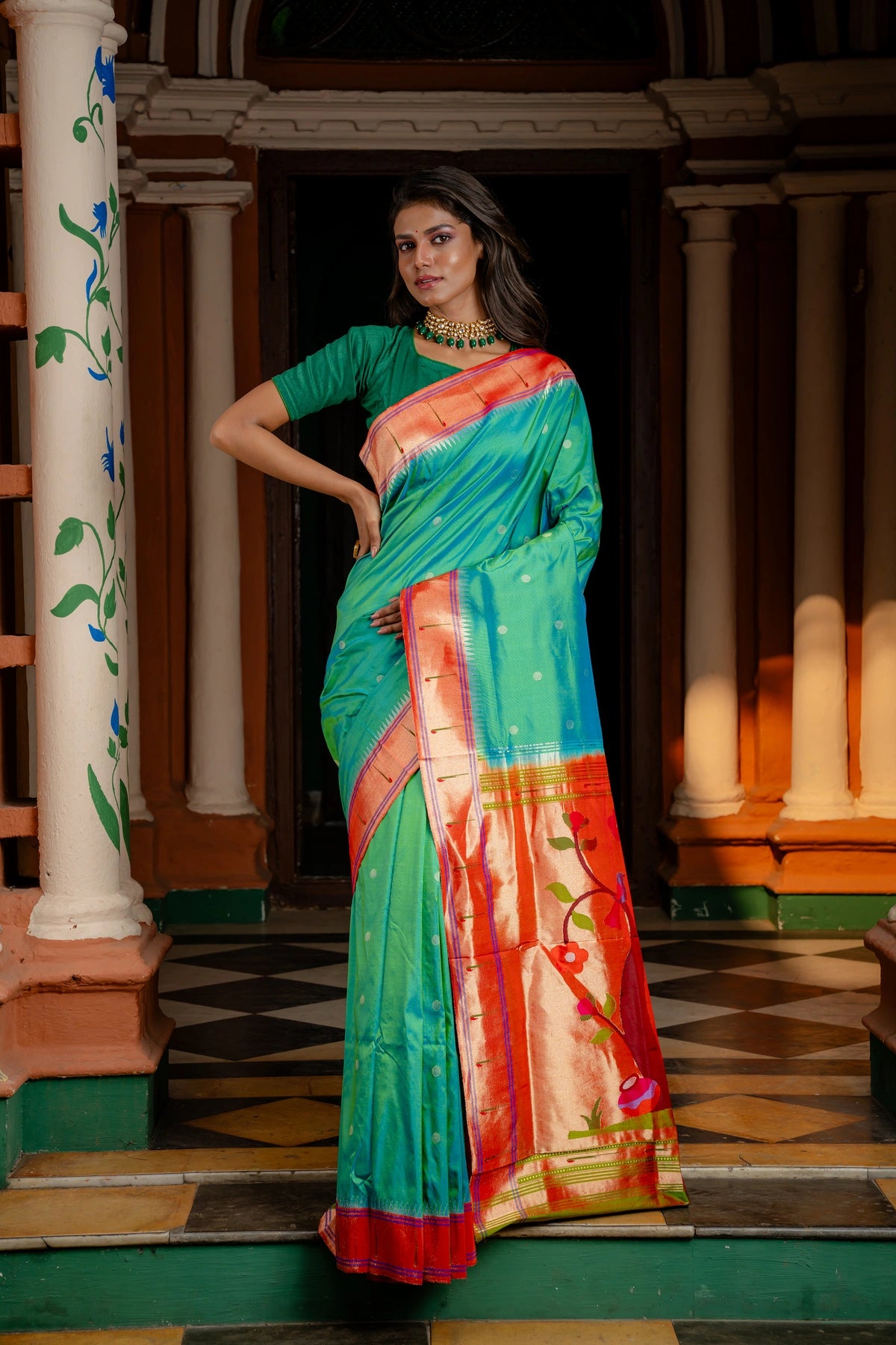 Dual Tone Pure Silk Handwoven Muniya Border Paithani with Designer Forest pallu