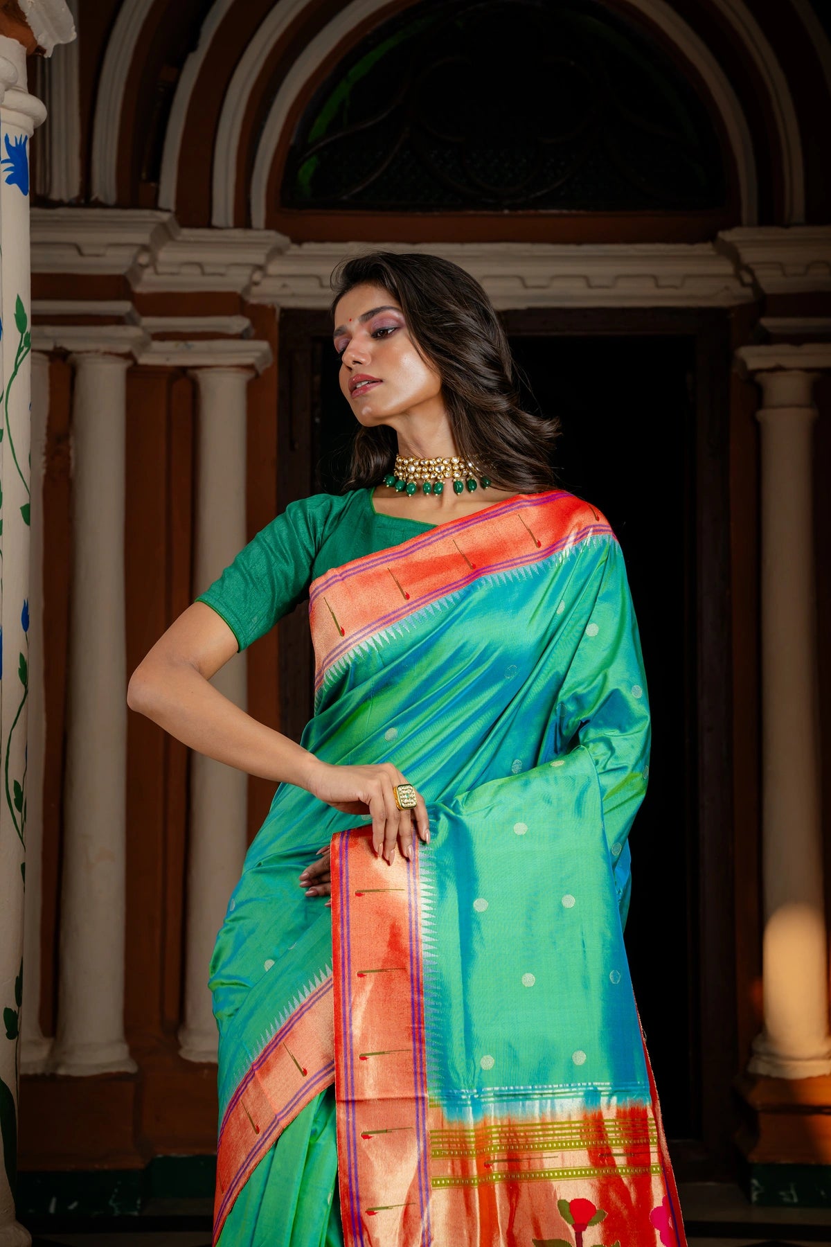 Dual Tone Pure Silk Handwoven Muniya Border Paithani with Designer Forest pallu