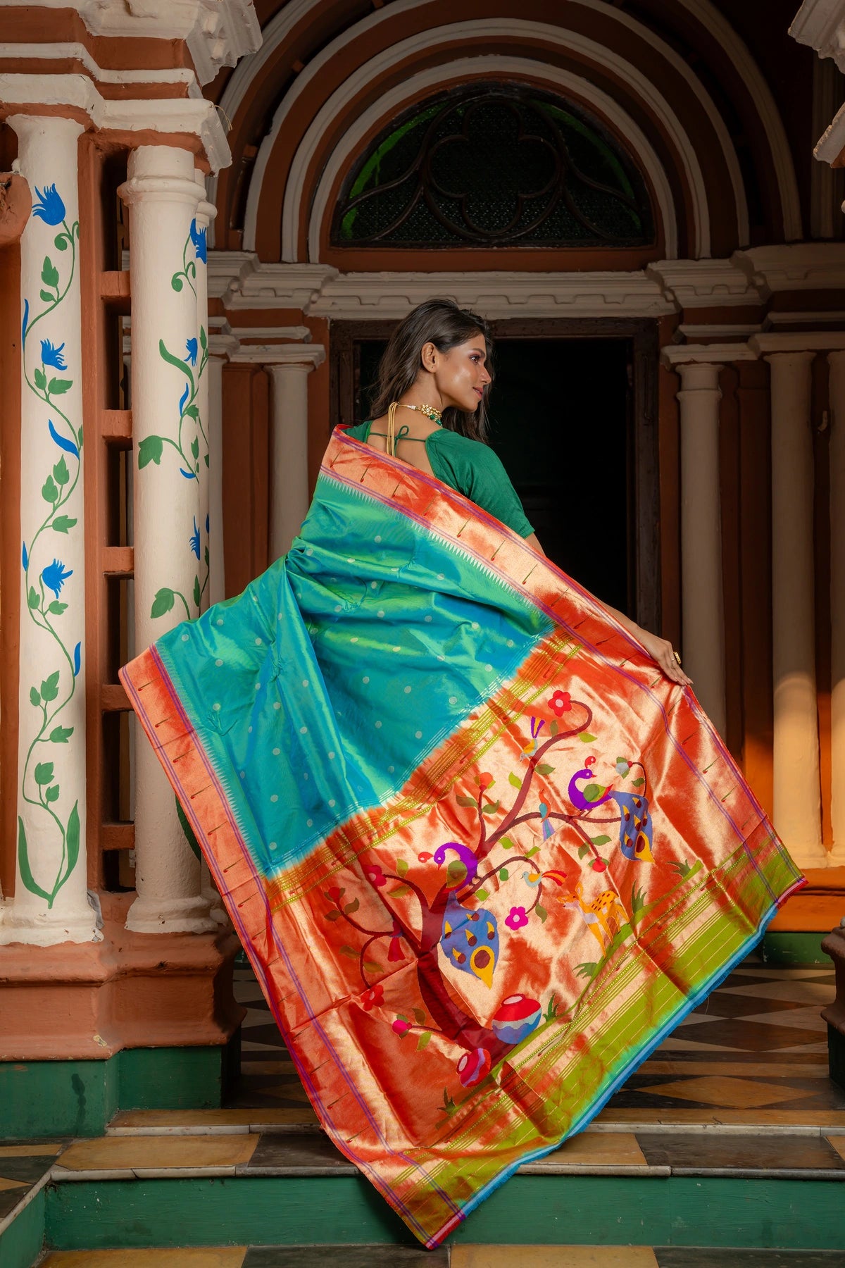 Dual Tone Pure Silk Handwoven Muniya Border Paithani with Designer Forest pallu