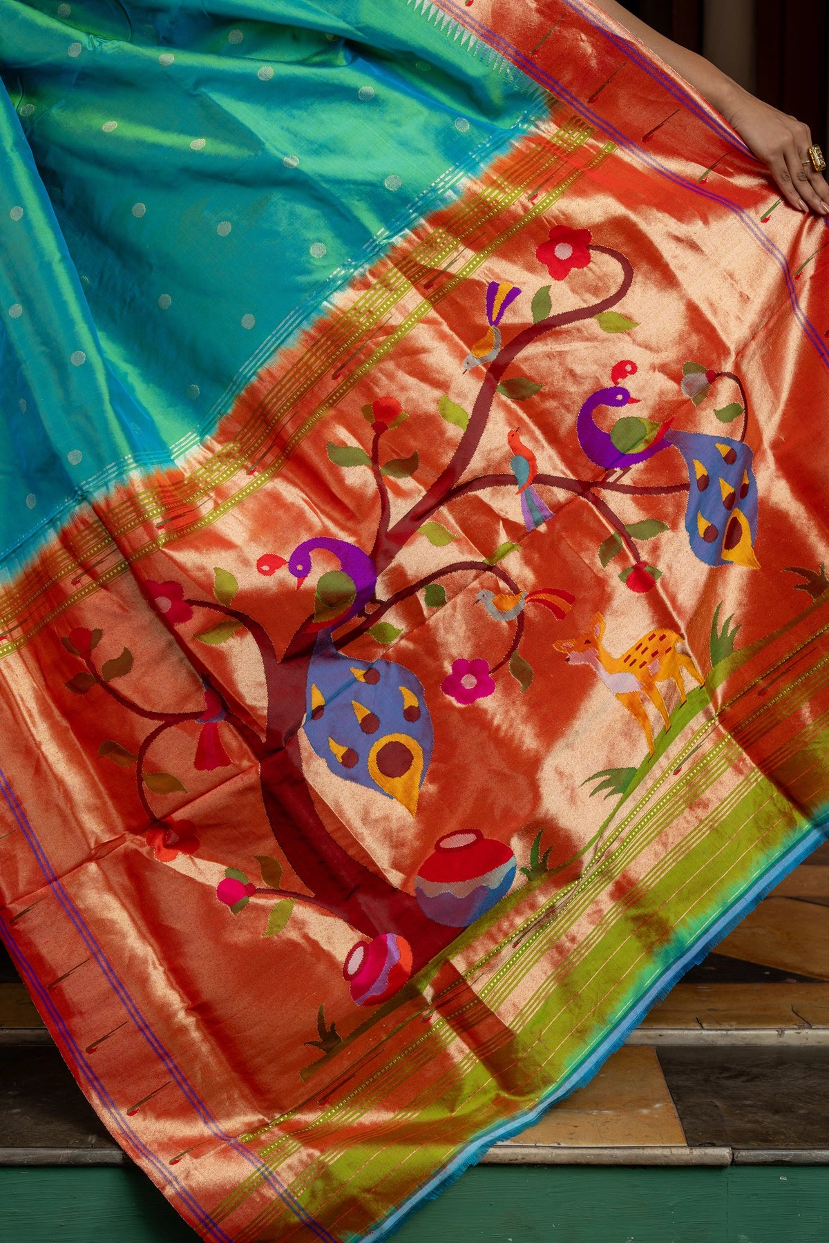 Dual Tone Pure Silk Handwoven Muniya Border Paithani with Designer Forest pallu