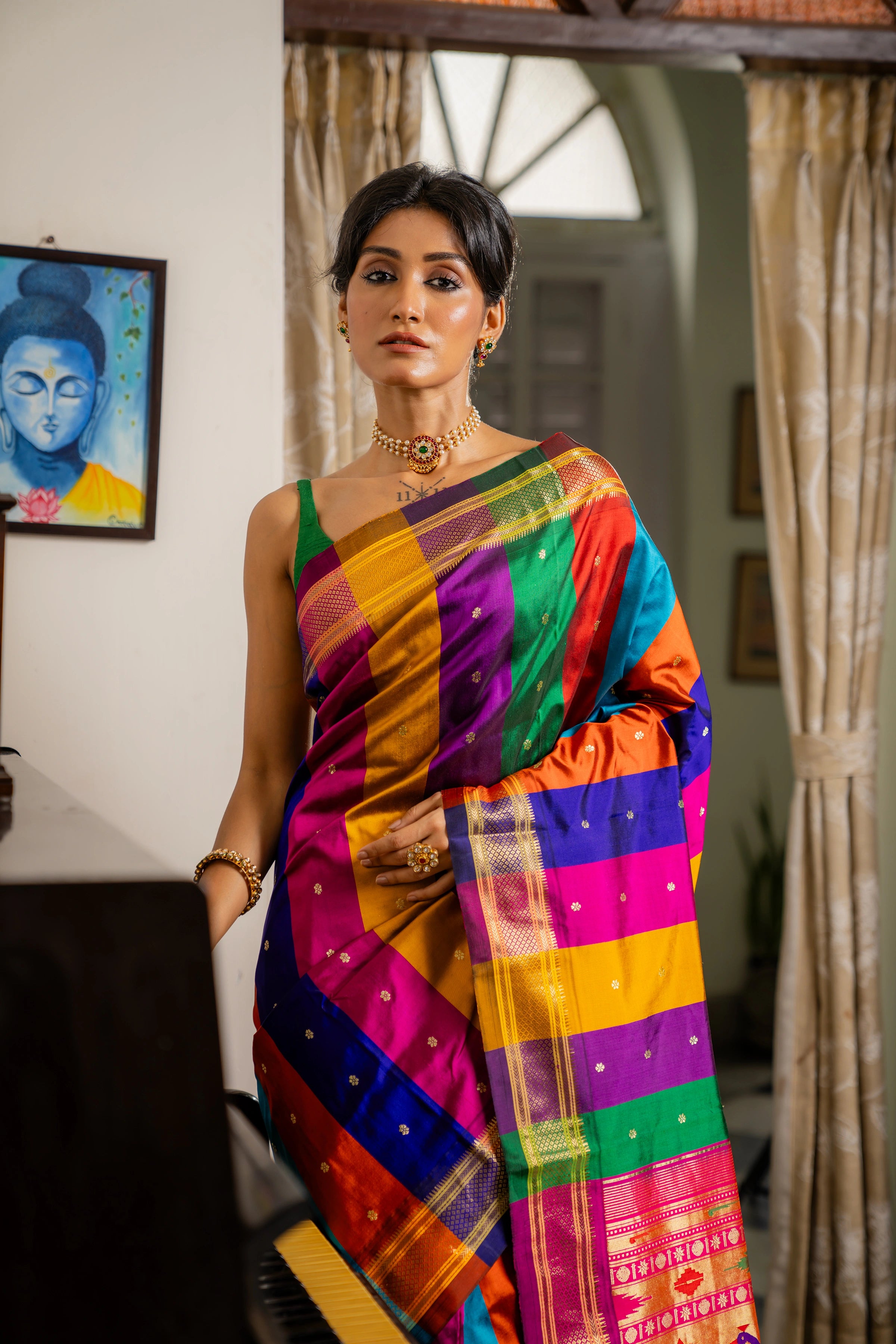 Multicoloured Handwoven Rangkaat Pure Silk Paithani