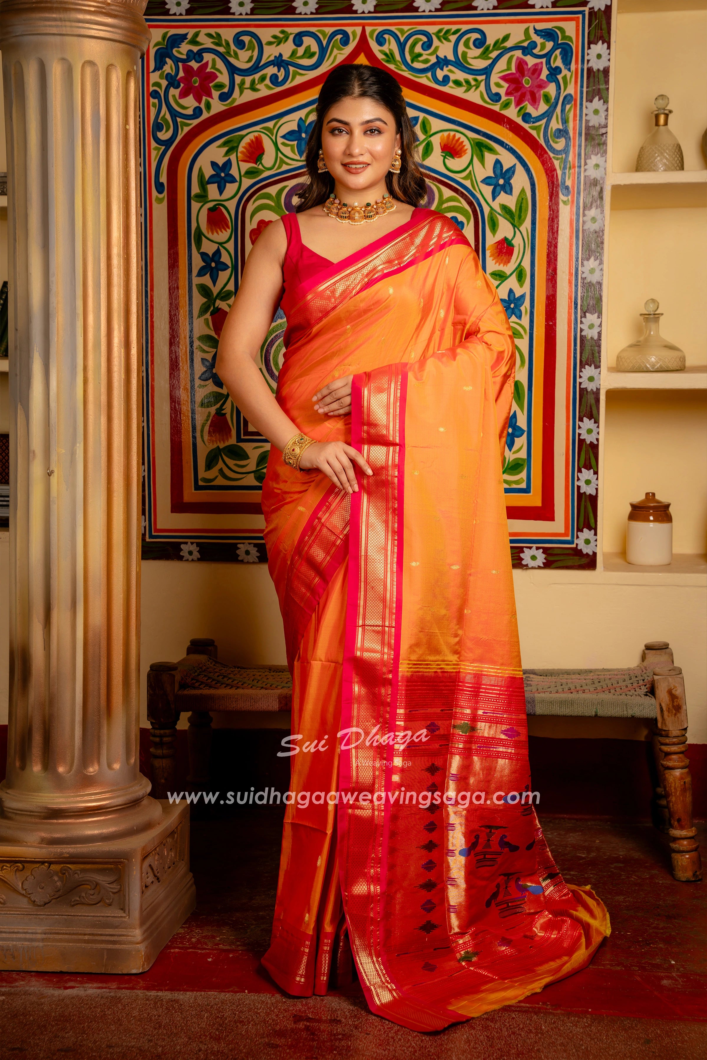 Handwoven Pure Silk paithani in Traditional Pallu orange color