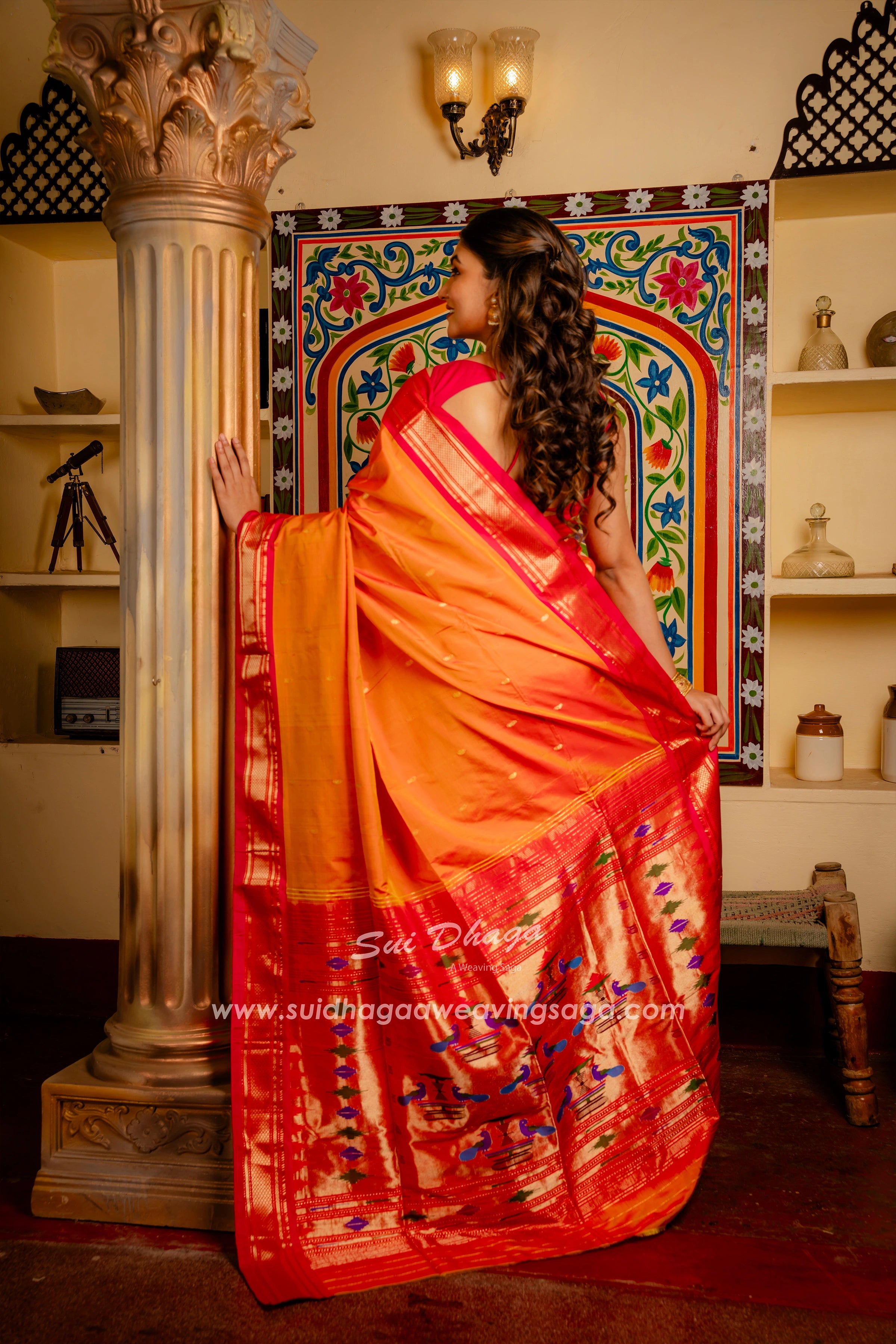 Handwoven Pure Silk paithani in Traditional Pallu orange color