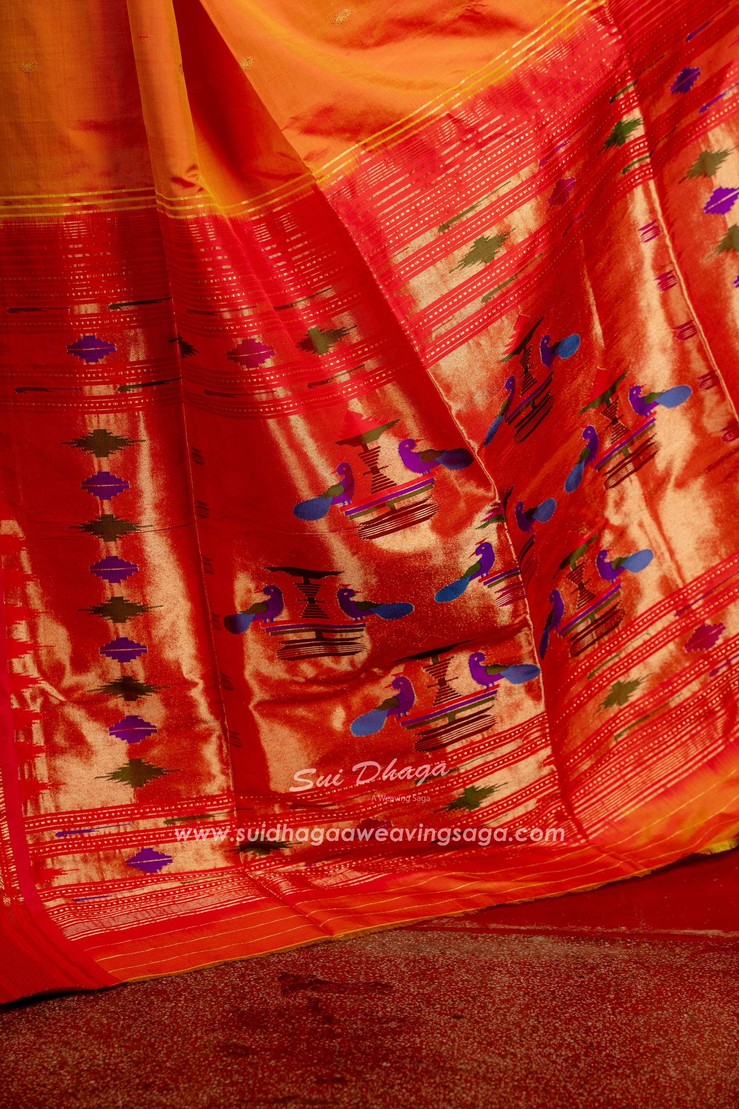 Handwoven Pure Silk paithani in Traditional Pallu orange color
