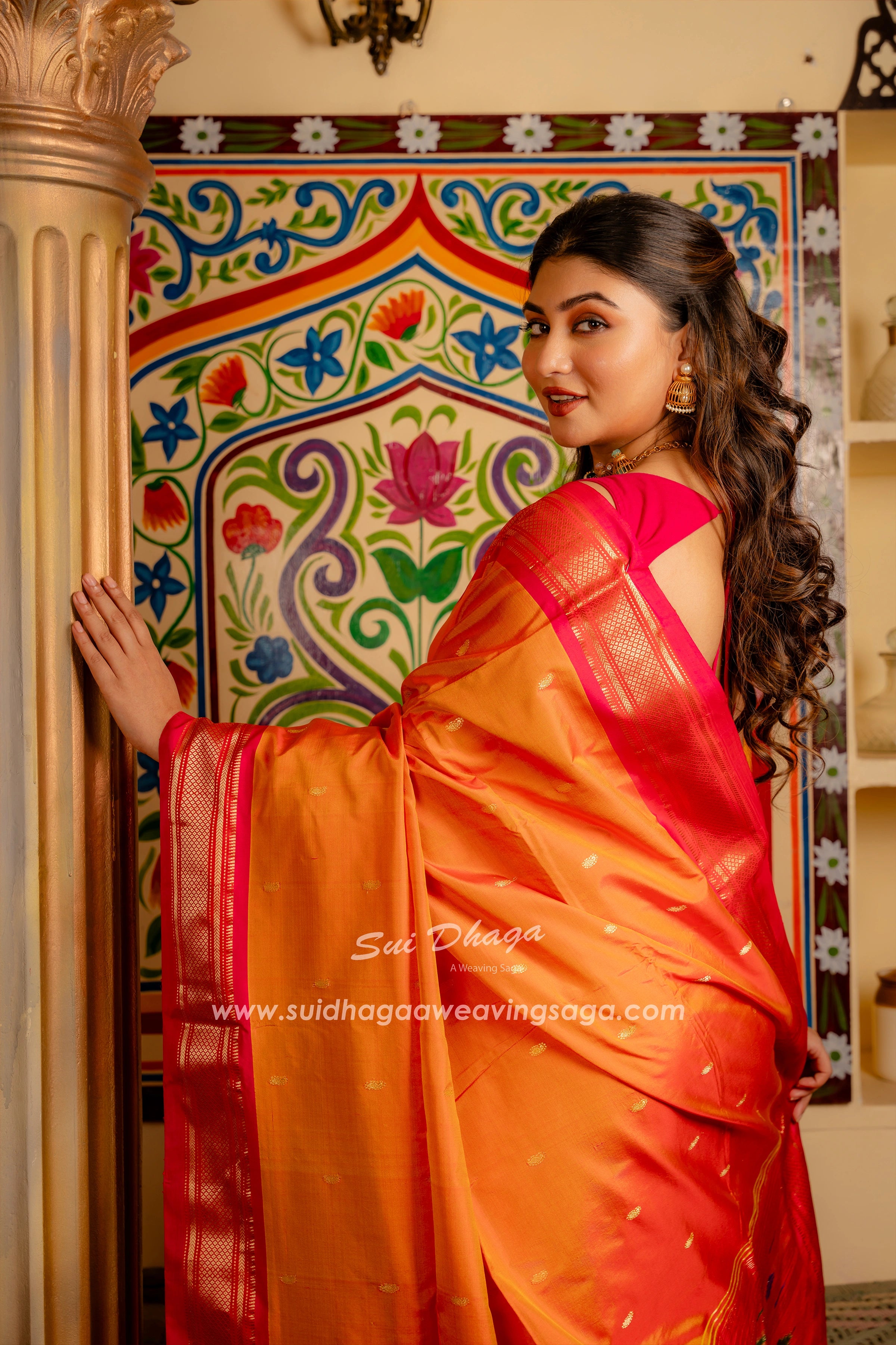 Handwoven Pure Silk paithani in Traditional Pallu orange color