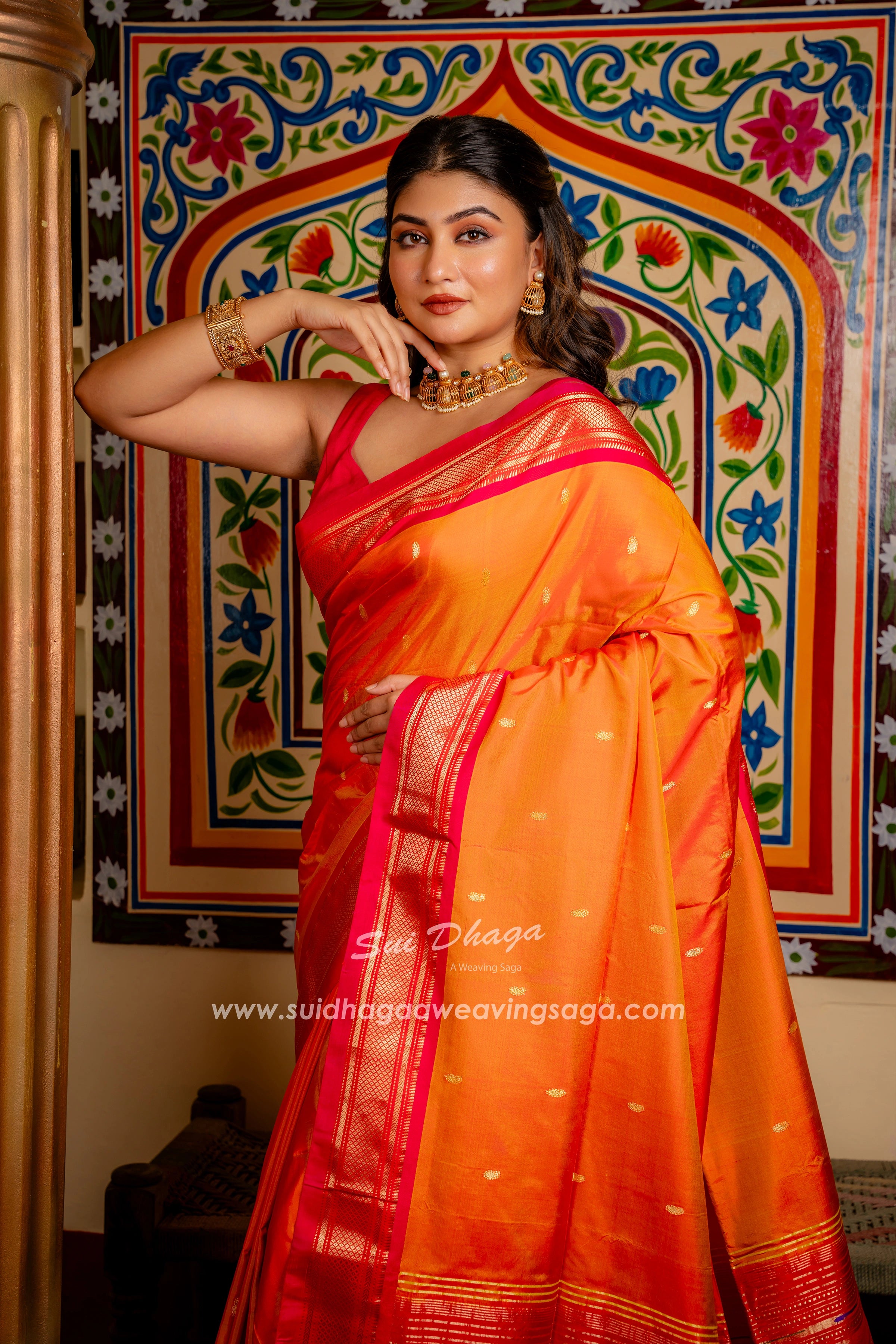 Handwoven Pure Silk paithani in Traditional Pallu orange color