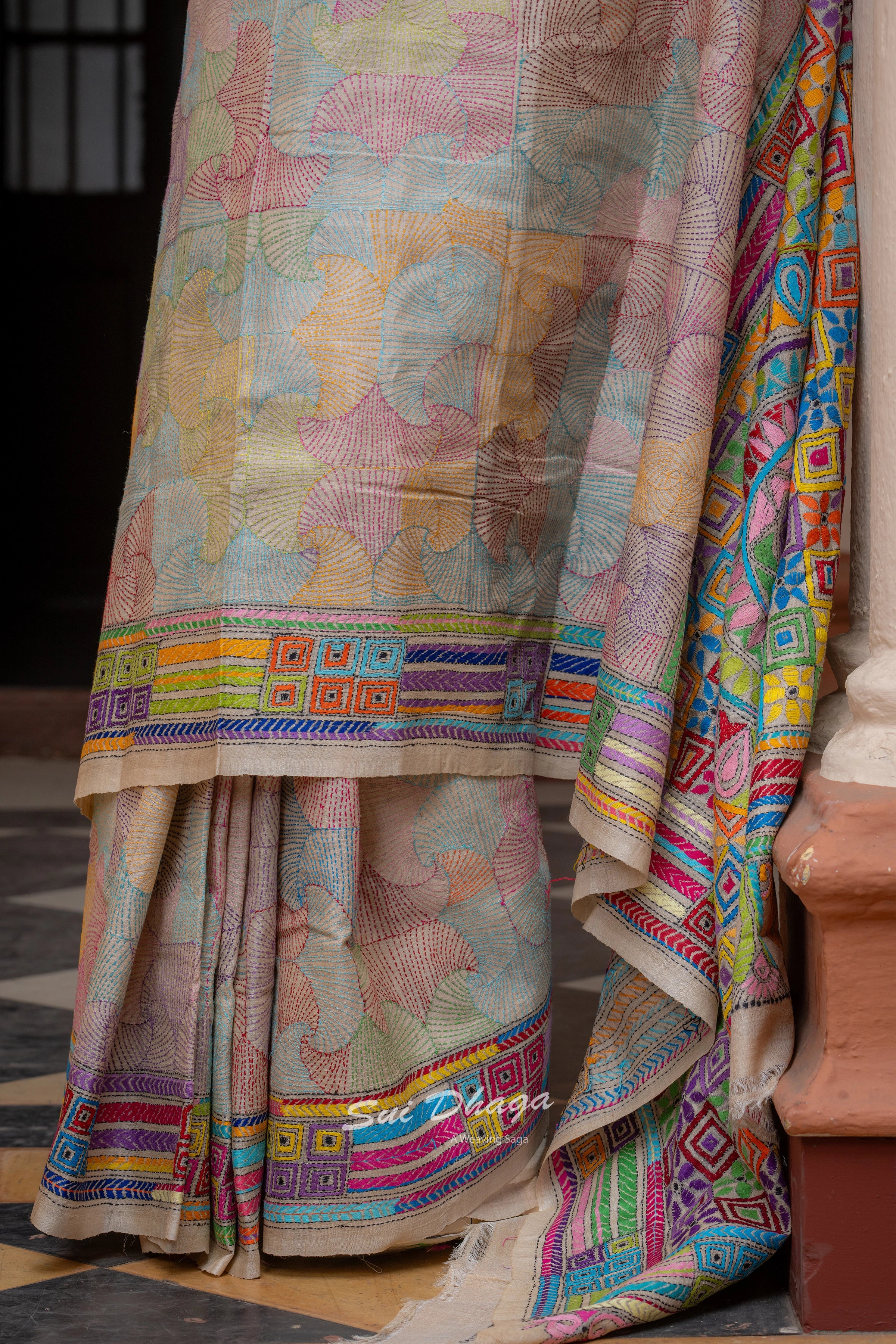 Handcrafted Kantha stitch on Pure Silk saree