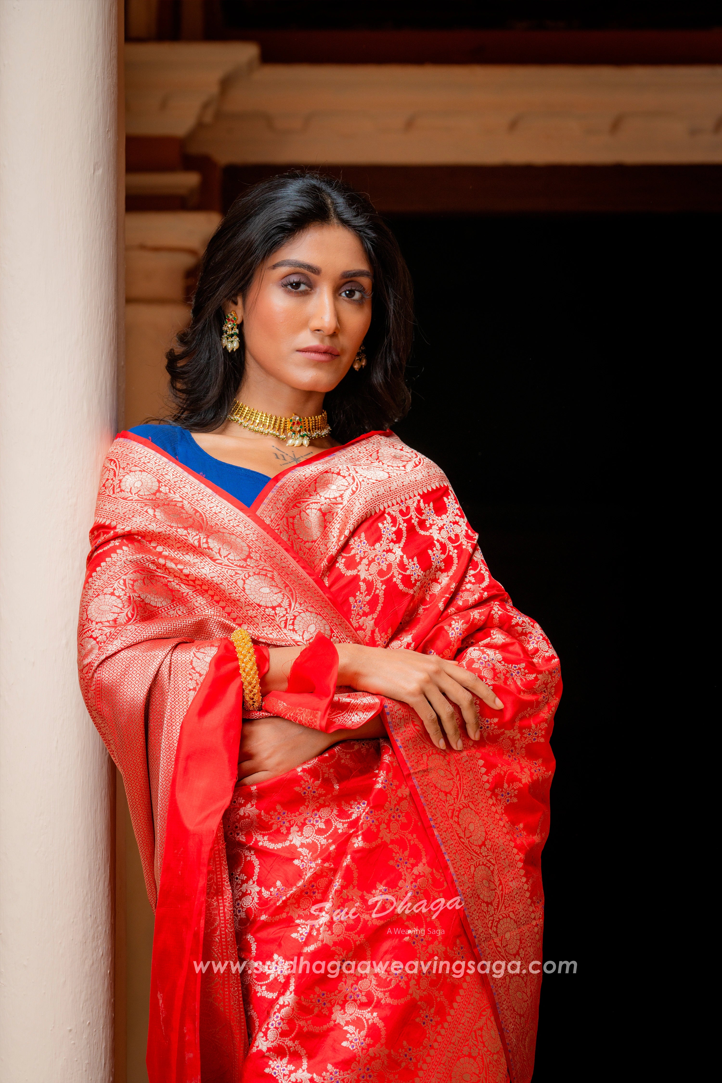 Red jaal work Handwoven cutwork Banarasi