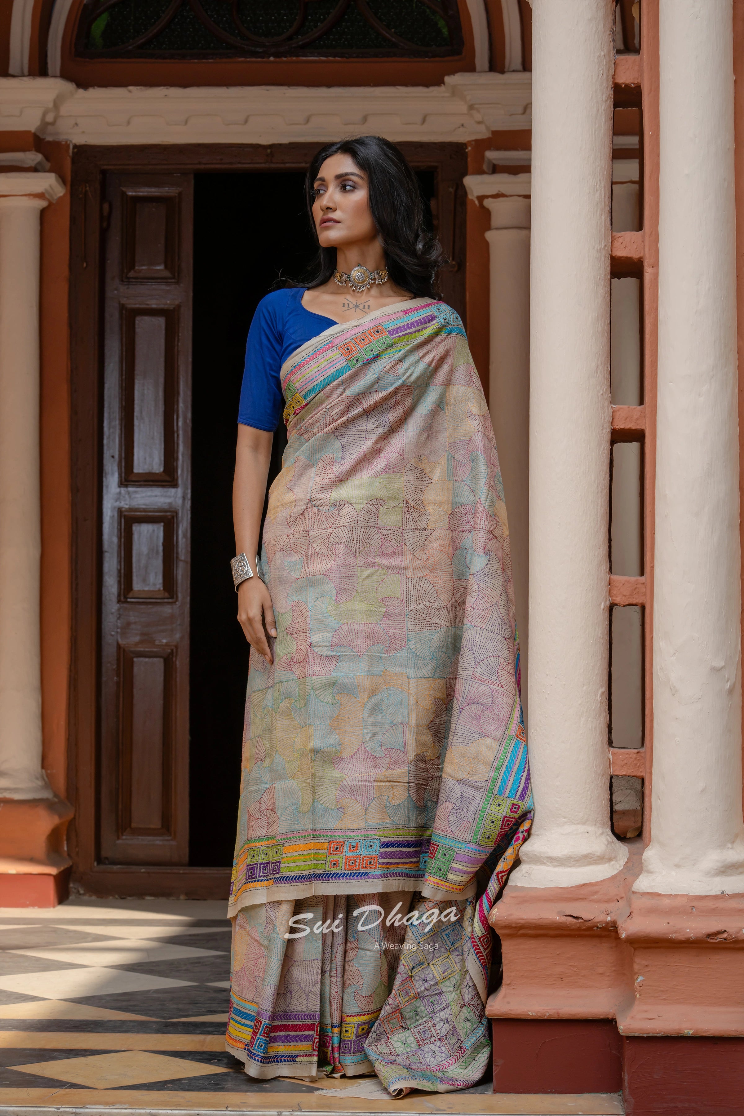 Handcrafted Kantha stitch on Pure Silk saree