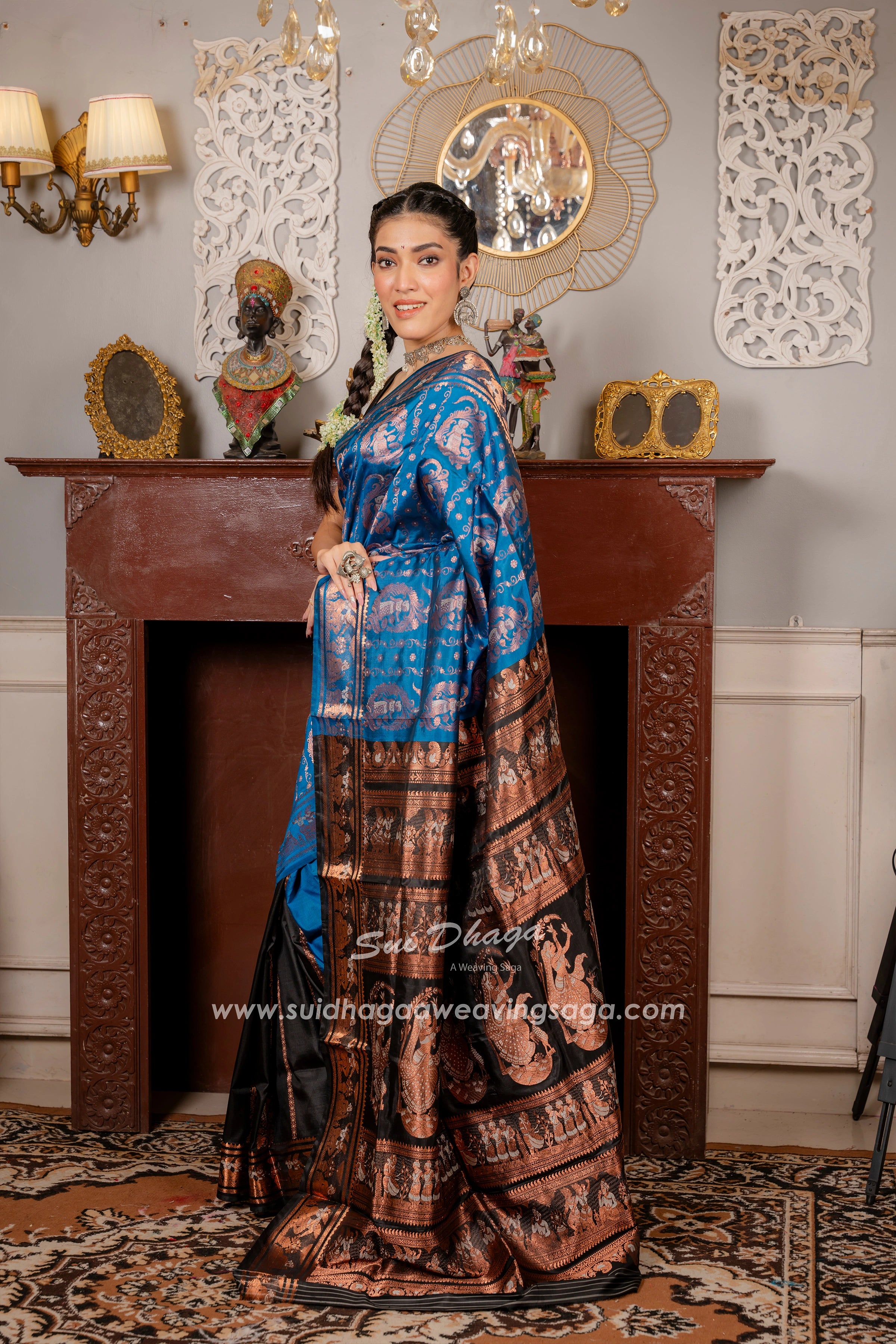 Teal Blue with Black Designer handwoven Pure Silk Swarnochuri saree in patli pallu in copper zari