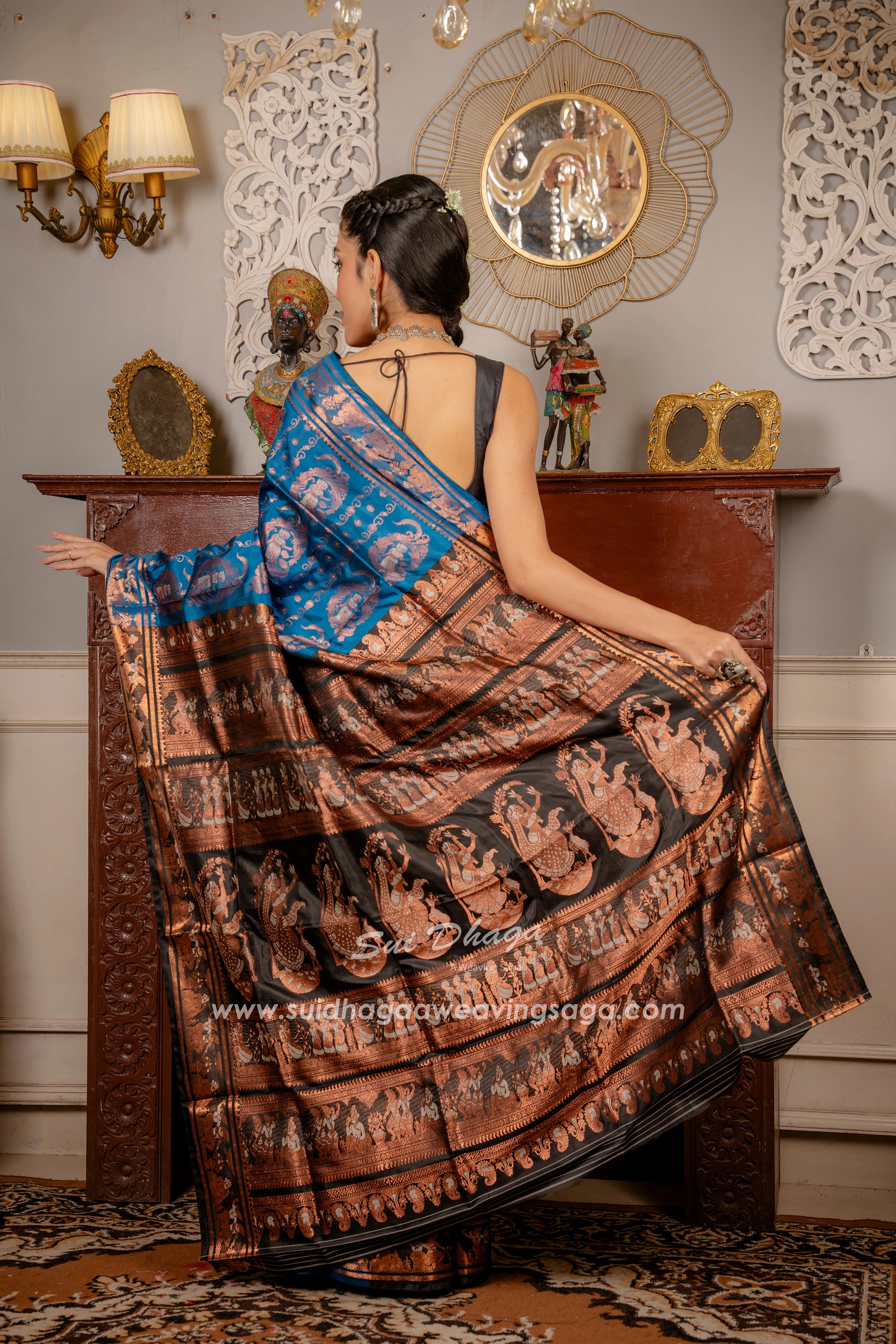 Teal Blue with Black Designer handwoven Pure Silk Swarnochuri saree in patli pallu in copper zari