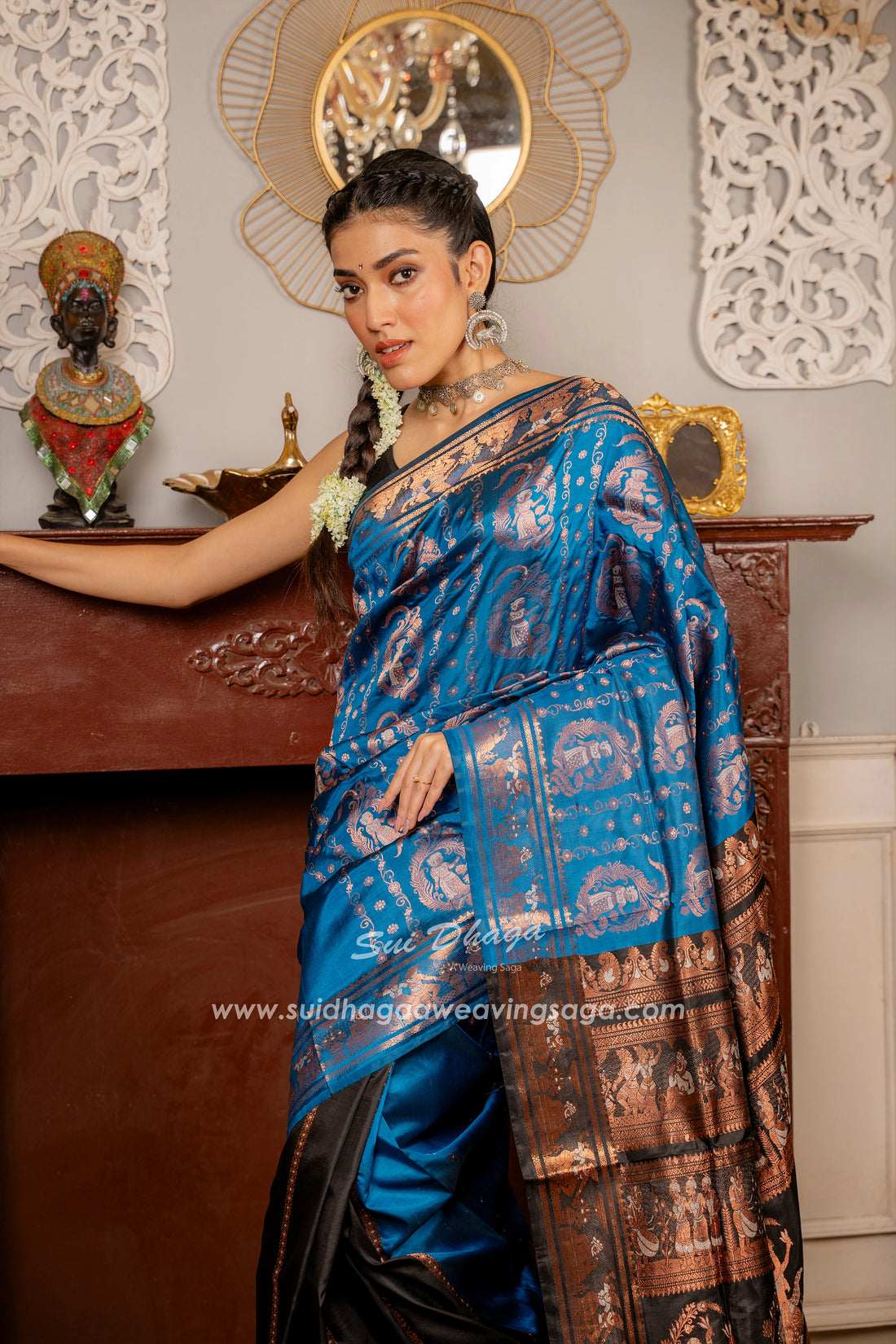 Teal Blue with Black Designer handwoven Pure Silk Swarnochuri saree in patli pallu in copper zari