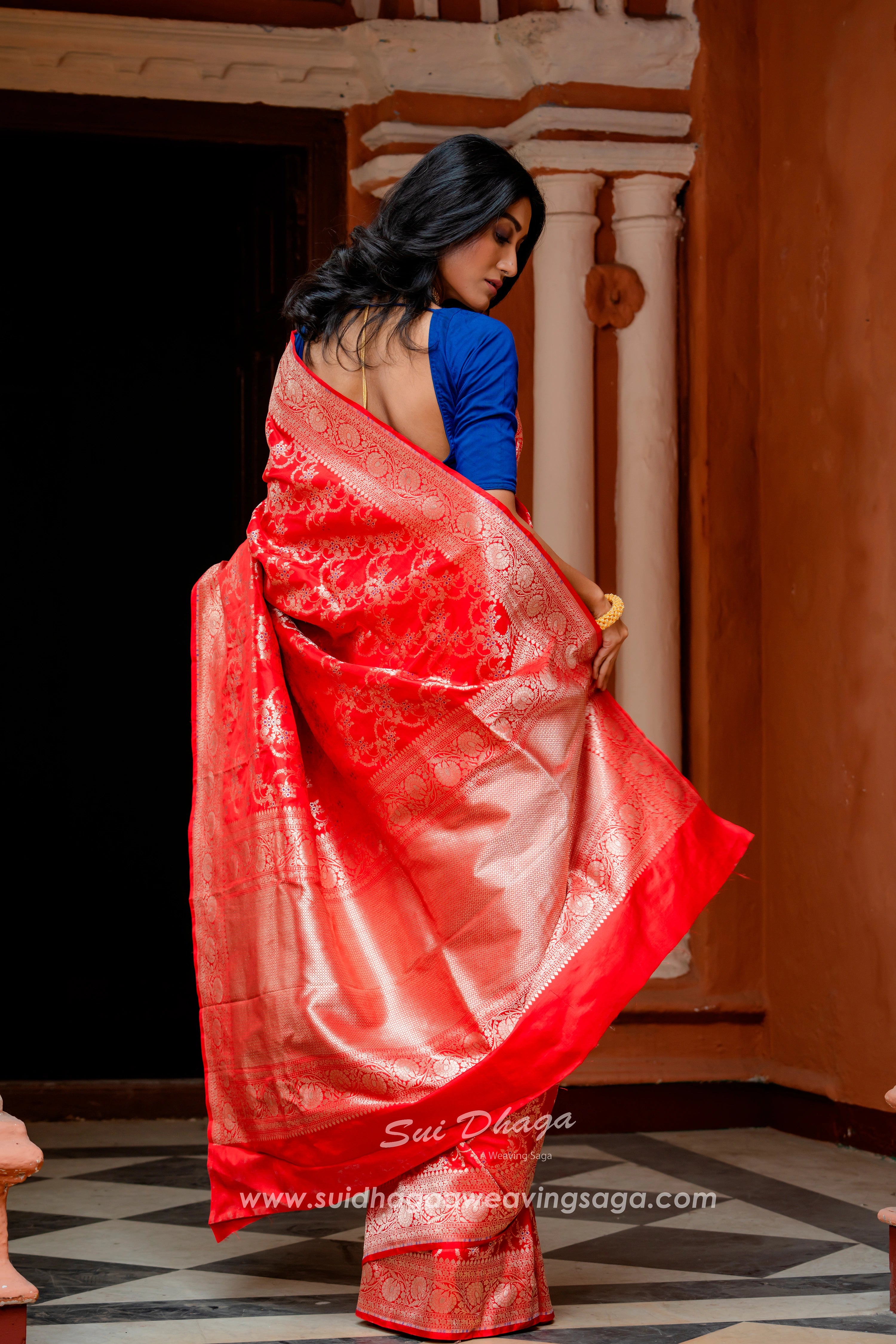 Red jaal work Handwoven cutwork Banarasi