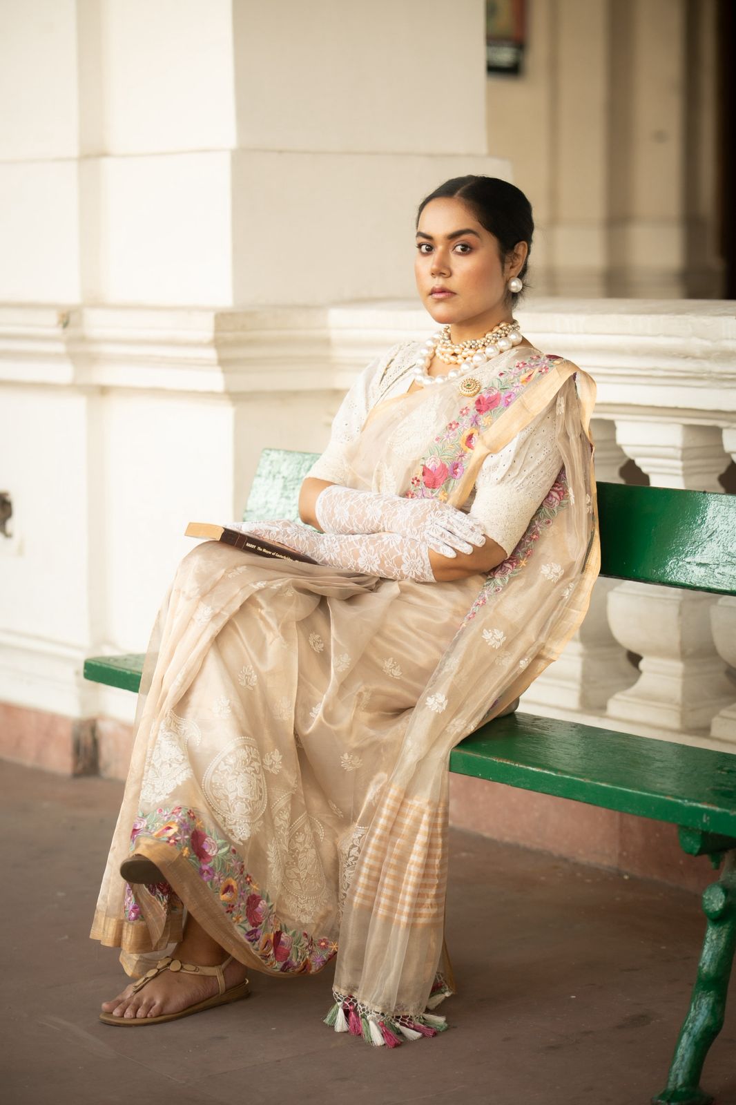 Pure Tissue Silk Parsi Border Chikankari Embroidery Saree with Special Tassels & Blouse