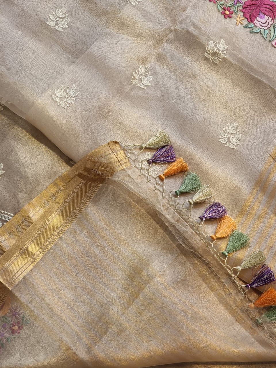 Pure Tissue Silk Parsi Border Chikankari Embroidery Saree with Special Tassels & Blouse