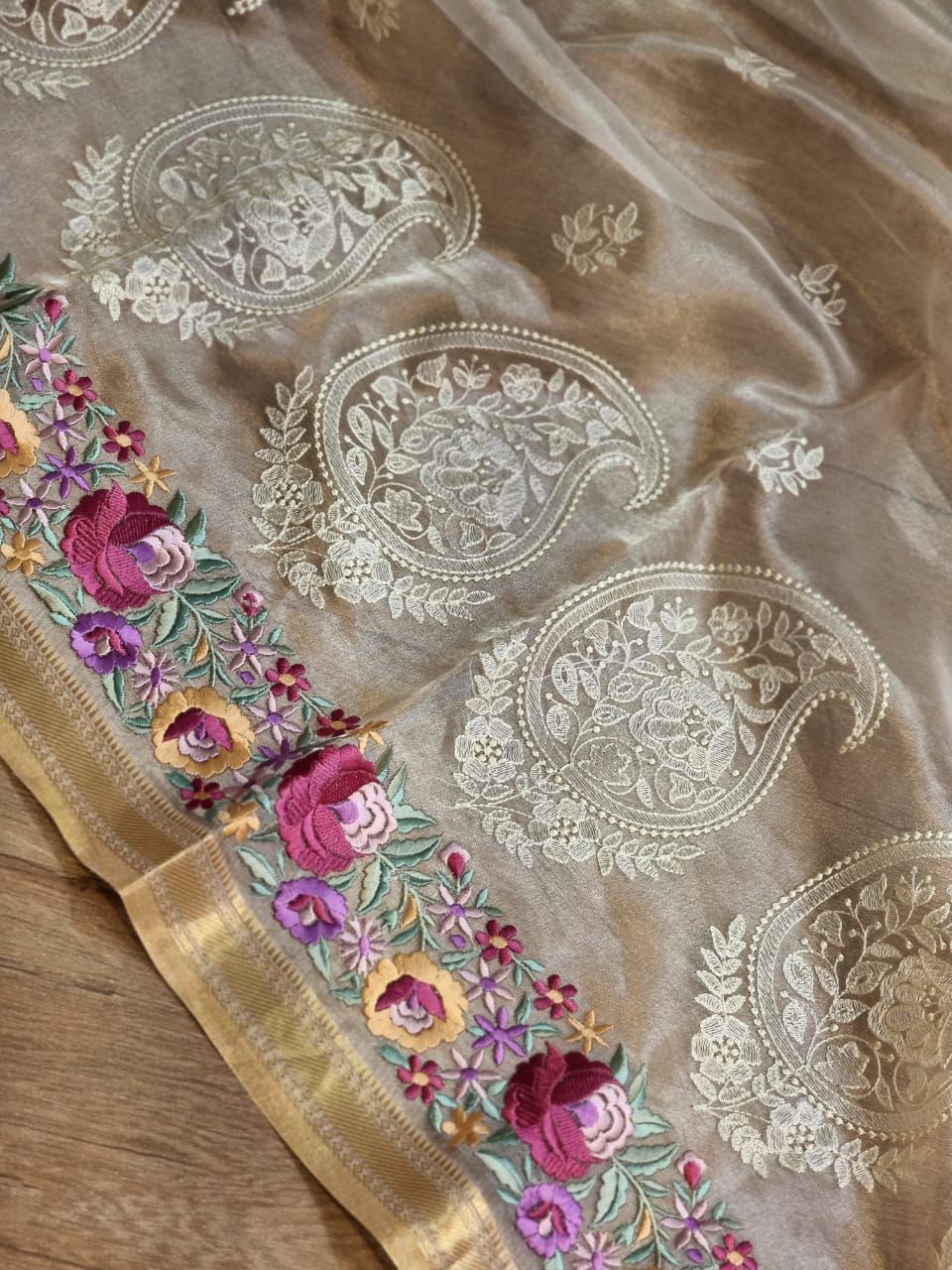 Pure Tissue Silk Parsi Border Chikankari Embroidery Saree with Special Tassels & Blouse