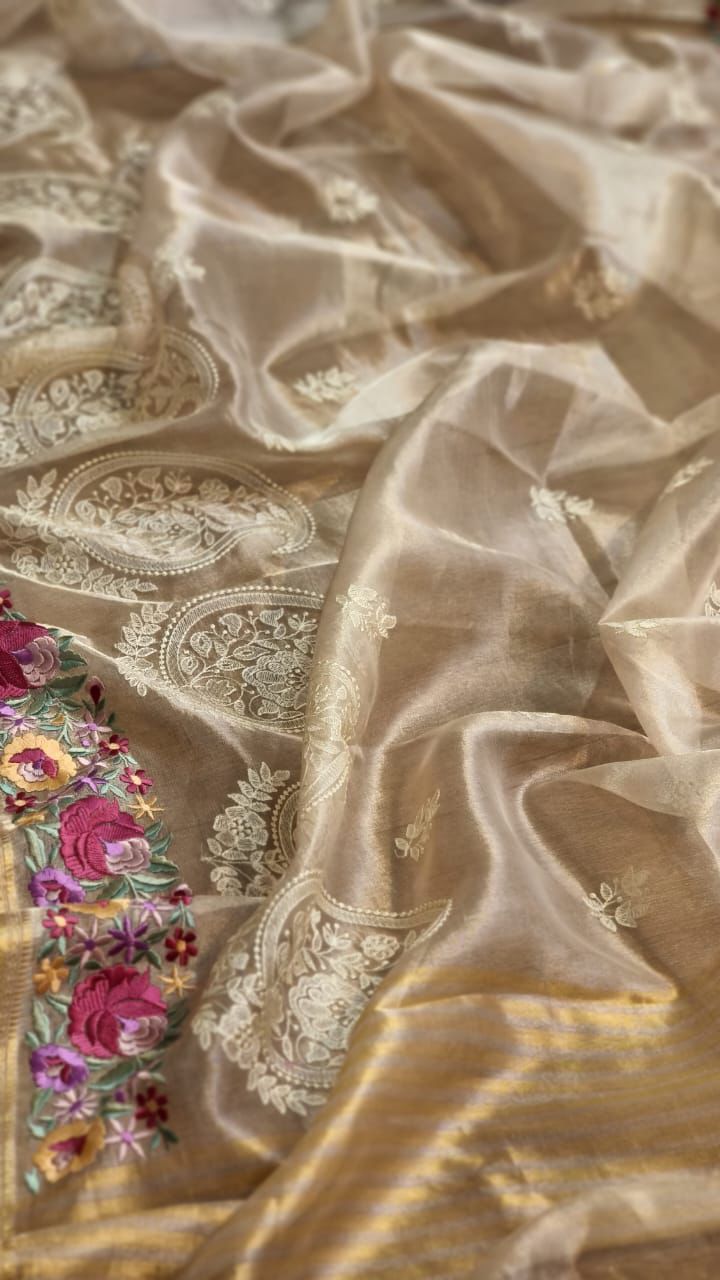 Pure Tissue Silk Parsi Border Chikankari Embroidery Saree with Special Tassels & Blouse