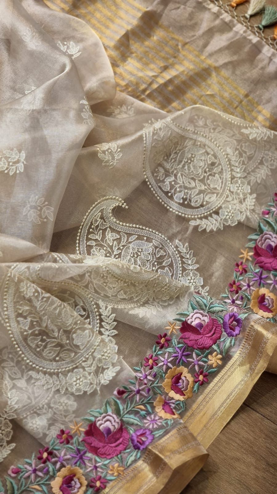 Pure Tissue Silk Parsi Border Chikankari Embroidery Saree with Special Tassels & Blouse