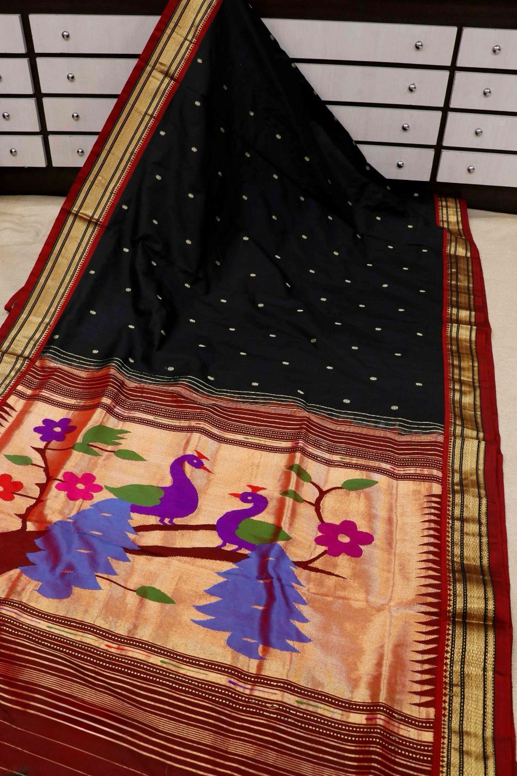 Regal Black Paithani with Maroon Narali Elegance