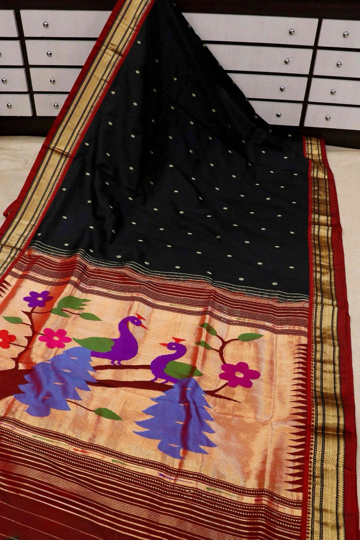 Regal Black Paithani with Maroon Narali Elegance