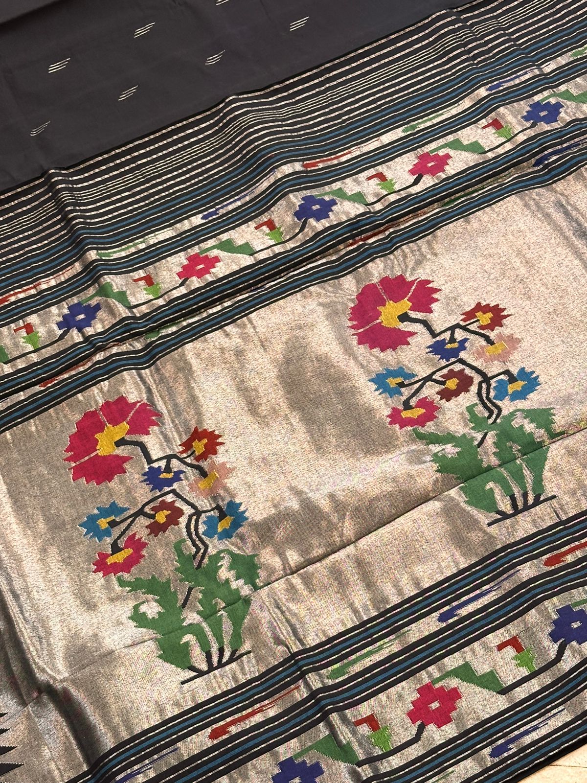 Noir Black Silver Zari Cotton Paithani Saree