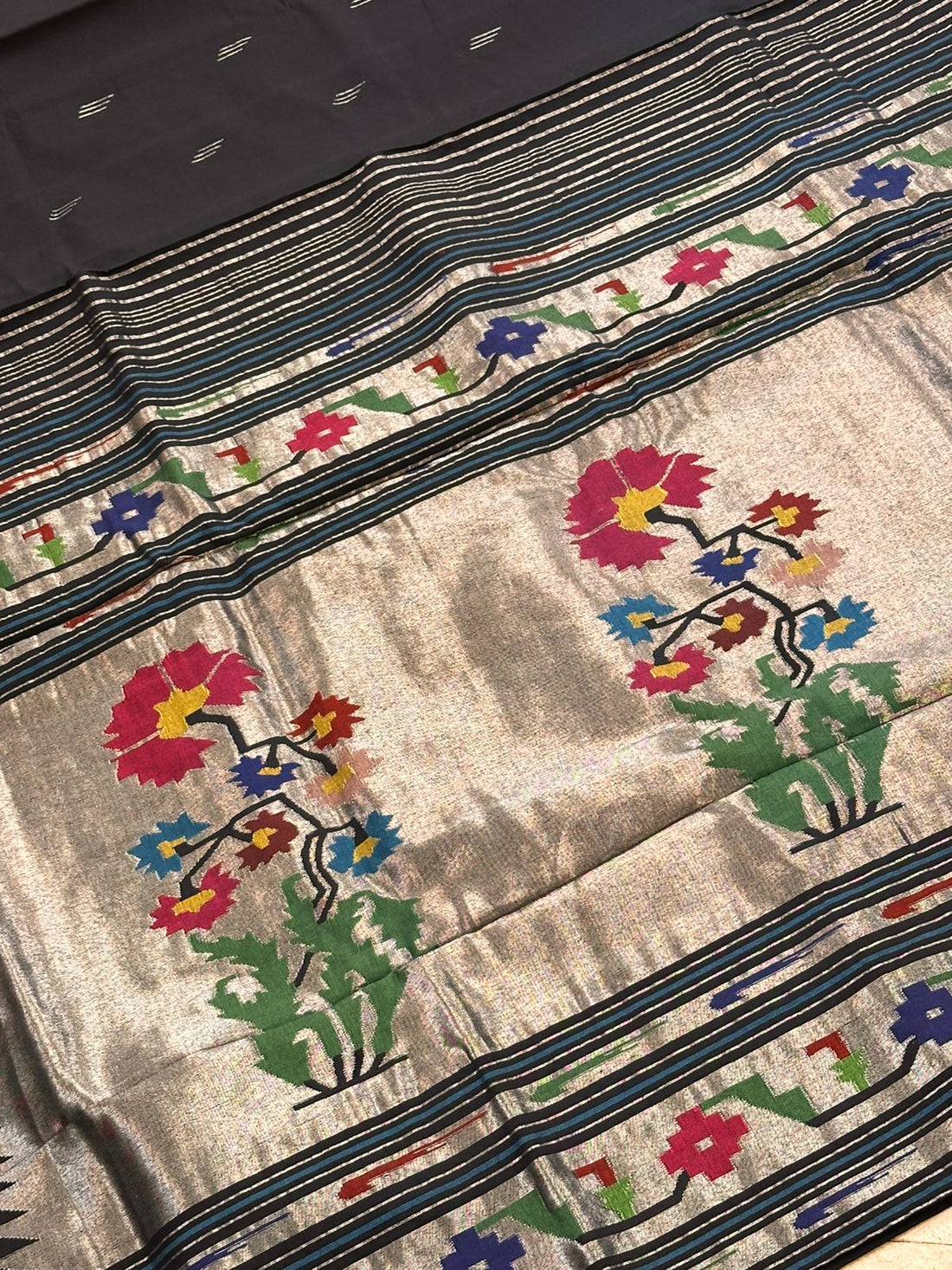 Noir Black Silver Zari Cotton Paithani Saree