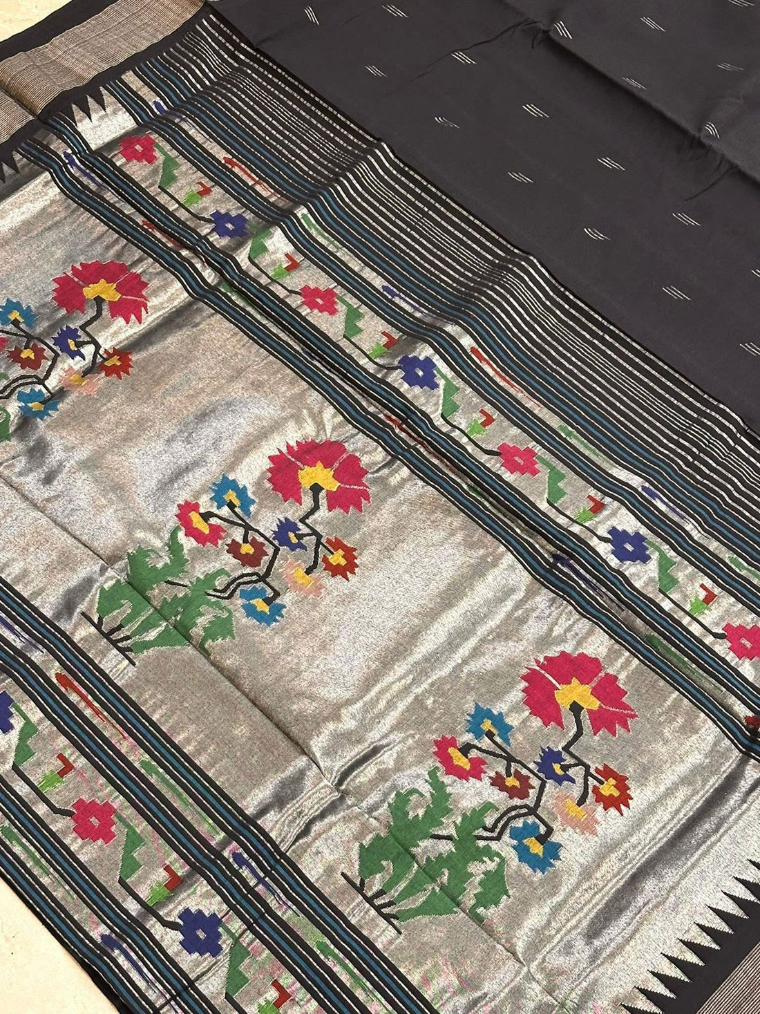 Noir Black Silver Zari Cotton Paithani Saree