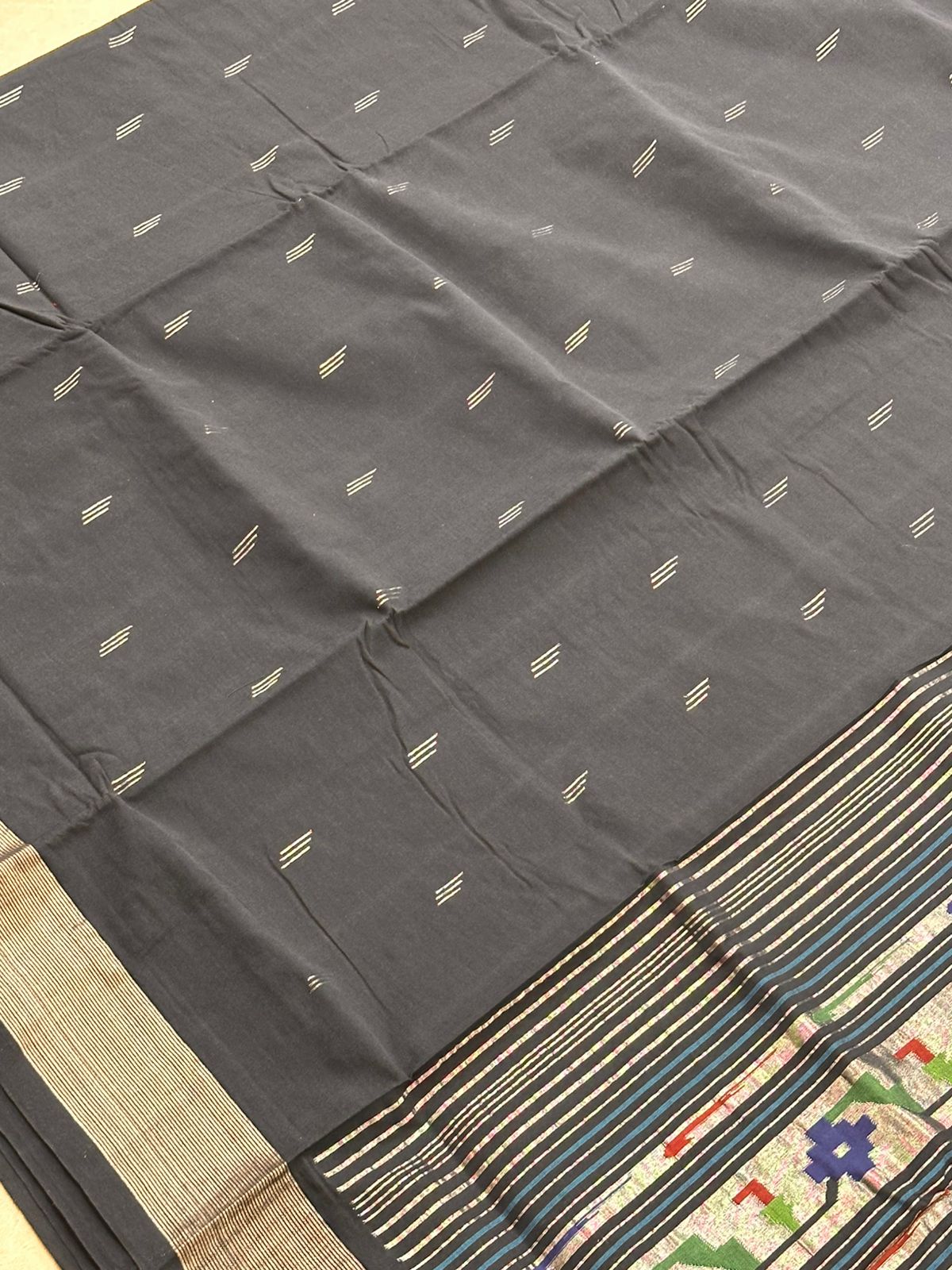 Noir Black Silver Zari Cotton Paithani Saree