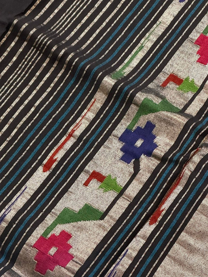 Noir Black Pichwai Silver Zari Cotton Paithani Saree