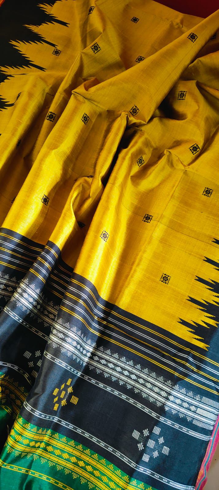 Mustard Gold & Black Metallic Double Aanchal Berhampuri Silk Saree