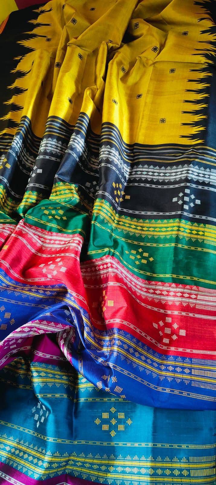 Mustard Gold & Black Metallic Double Aanchal Berhampuri Silk Saree