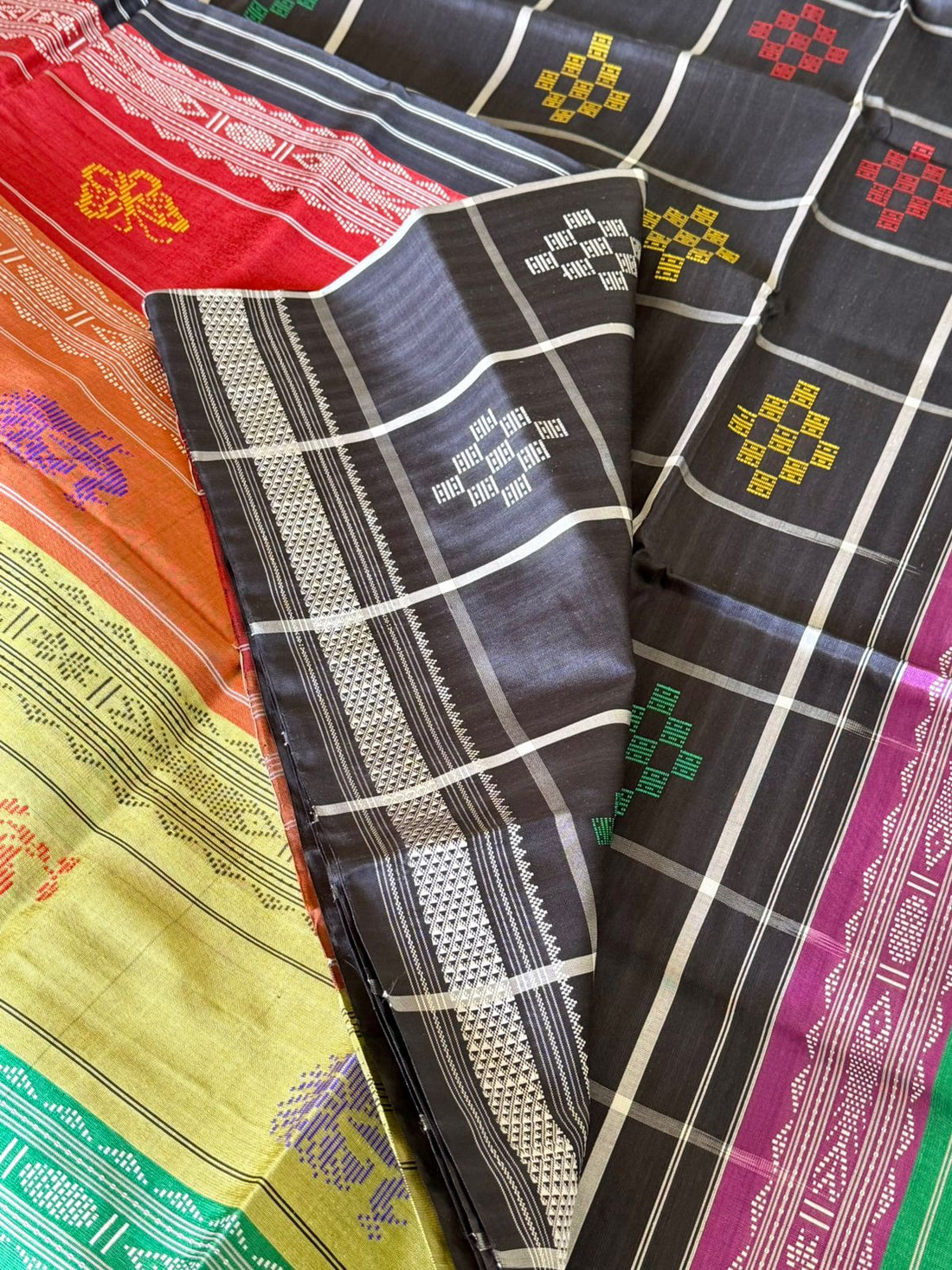 Black Checkered Passapali Double Pallu Berhampuri Silk Saree