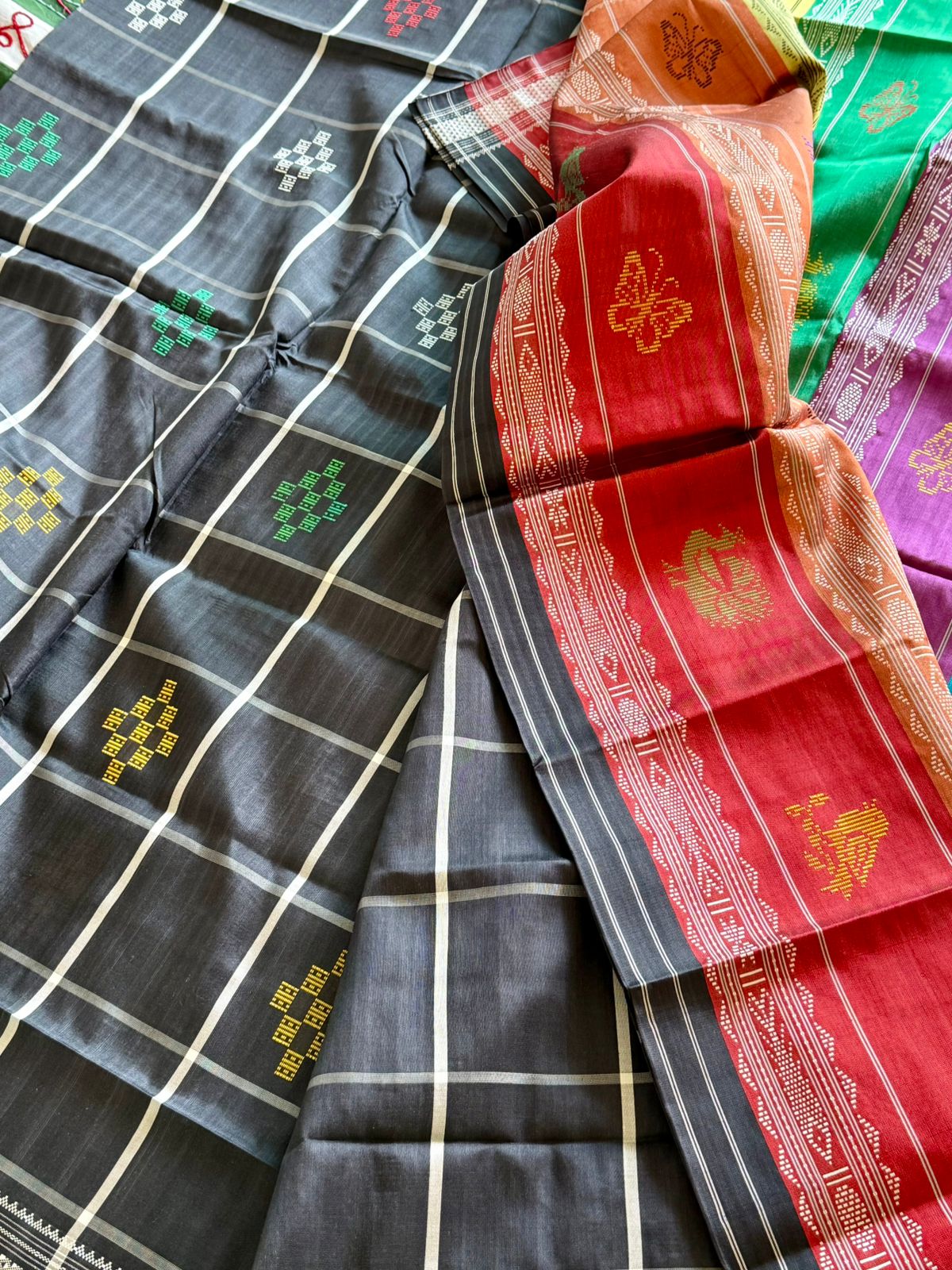 Black Checkered Passapali Double Pallu Berhampuri Silk Saree