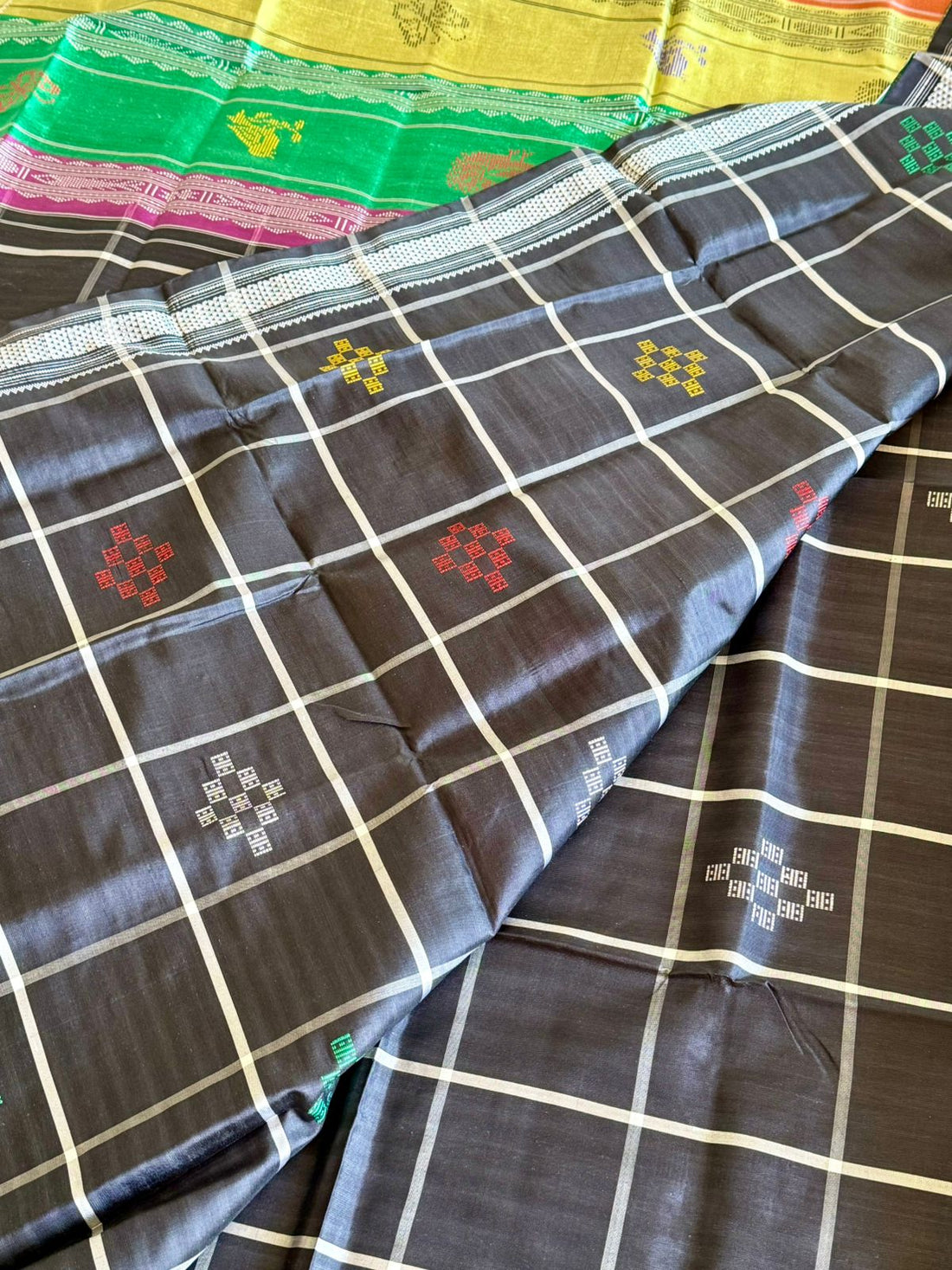 Black Checkered Passapali Double Pallu Berhampuri Silk Saree