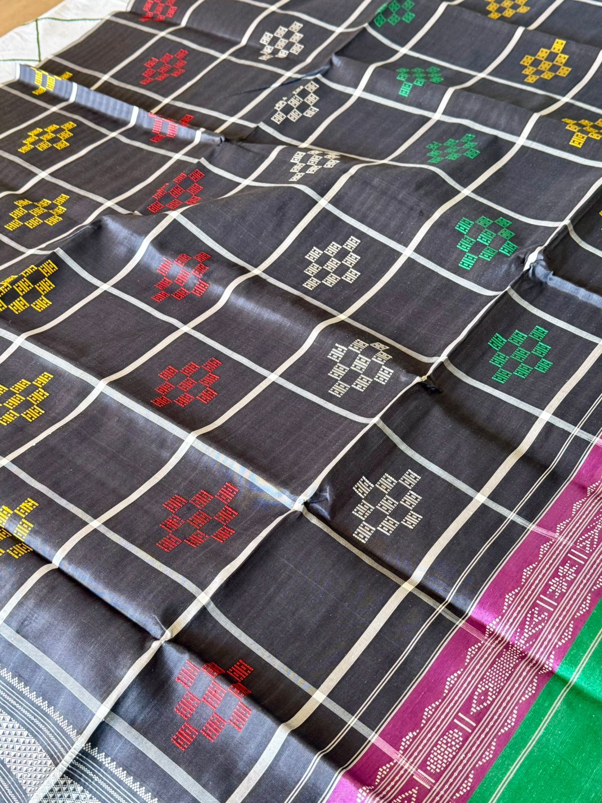 Black Checkered Passapali Double Pallu Berhampuri Silk Saree