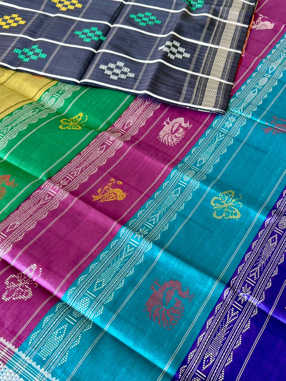 Black Checkered Passapali Double Pallu Berhampuri Silk Saree