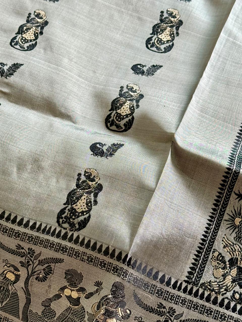 Steel Grey Meenakari Baluchuri Silk Saree