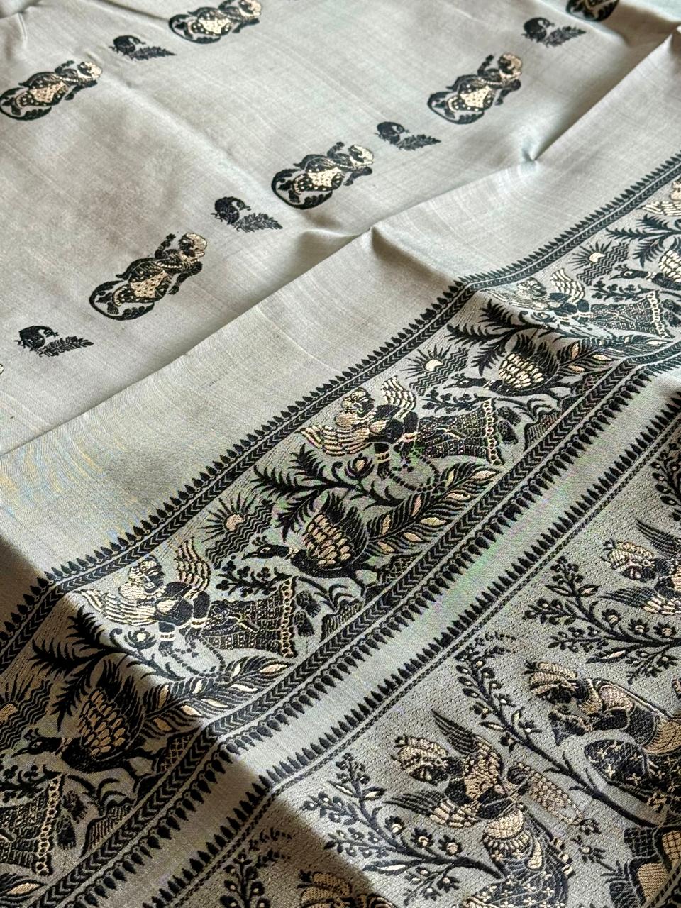 Steel Grey Meenakari Baluchuri Silk Saree