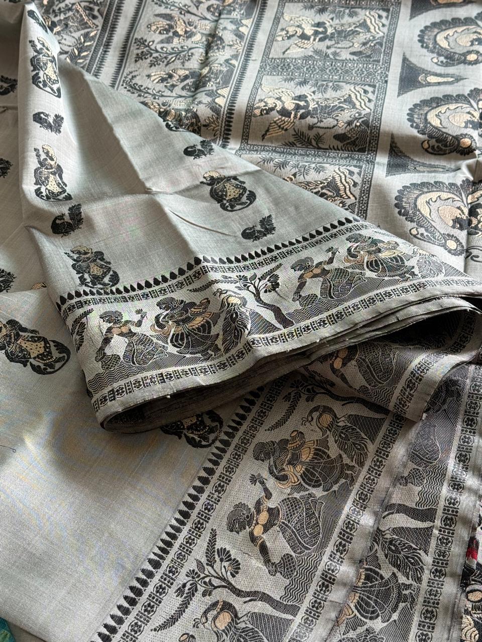Steel Grey Meenakari Baluchuri Silk Saree