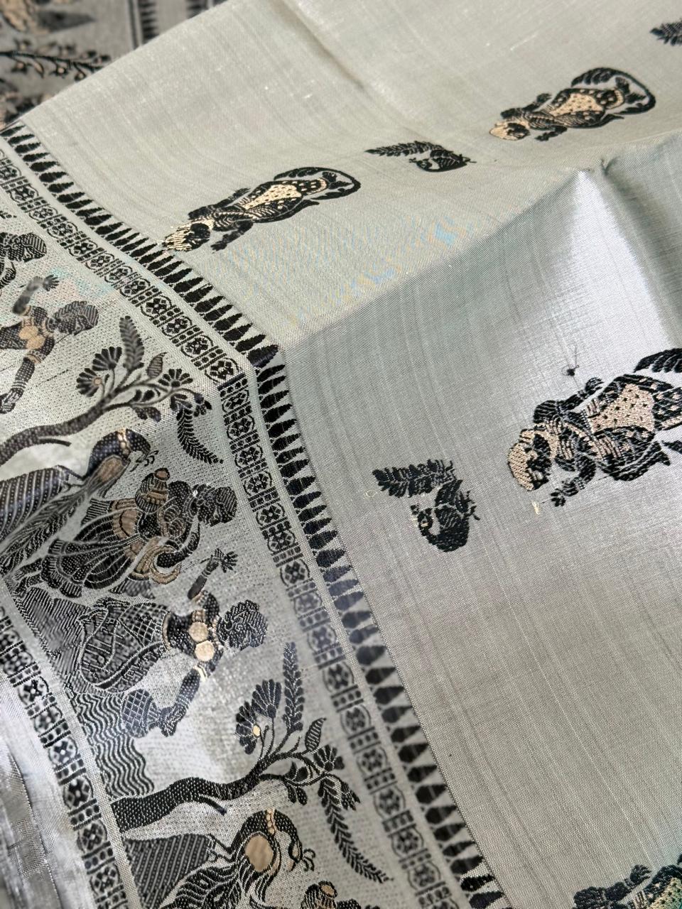 Steel Grey Meenakari Baluchuri Silk Saree