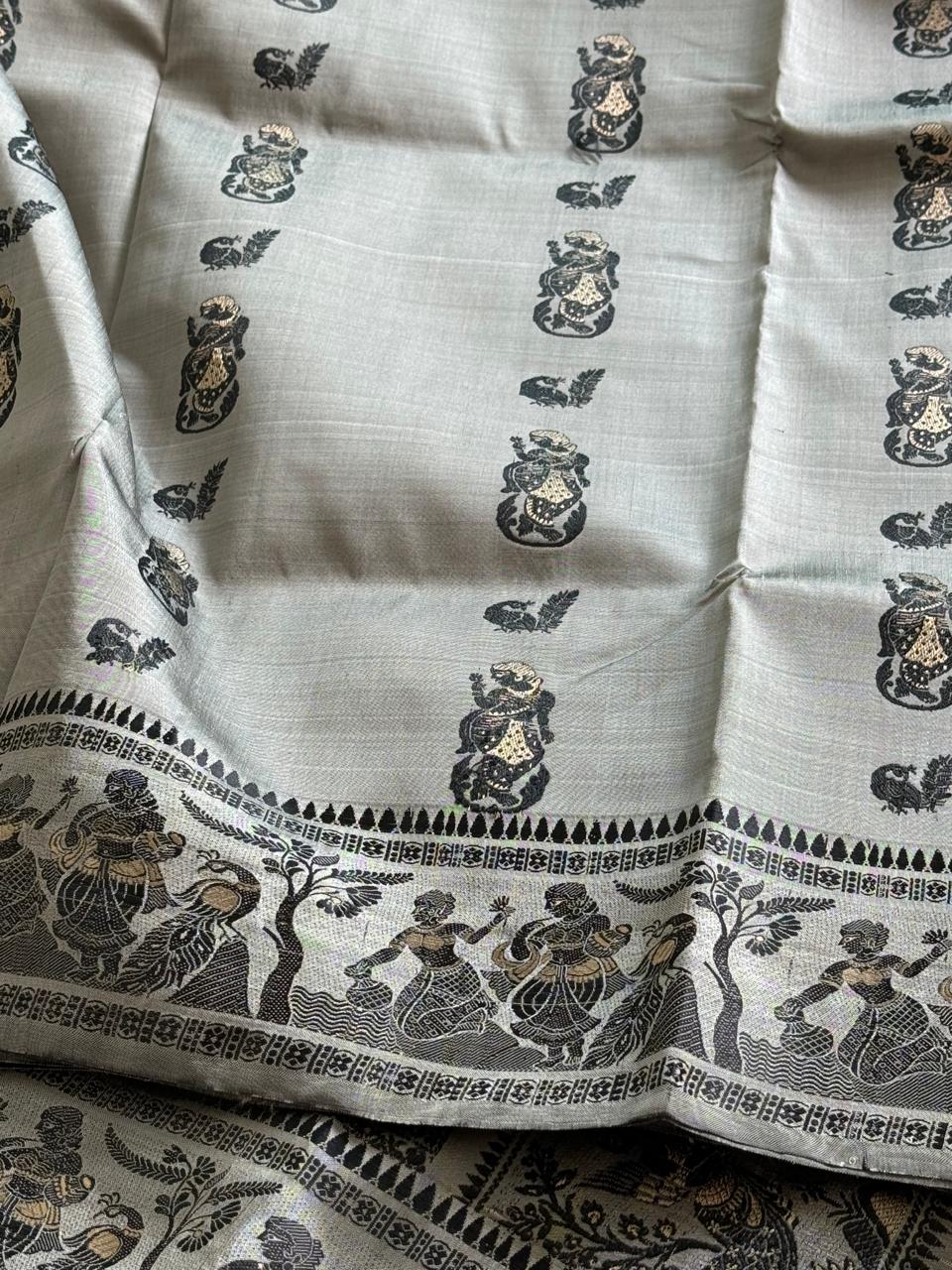 Steel Grey Meenakari Baluchuri Silk Saree