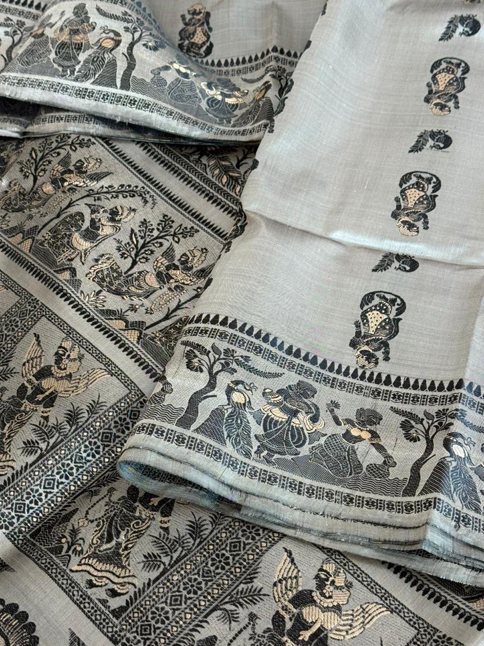 Steel Grey Meenakari Baluchuri Silk Saree