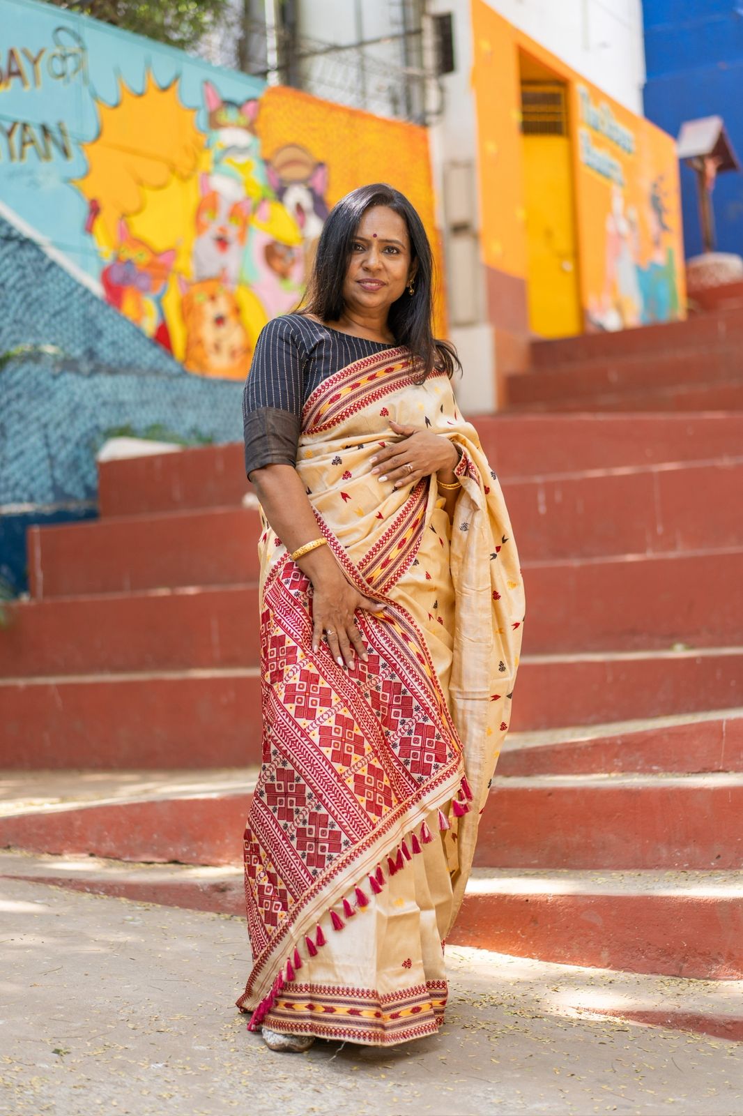 Maroon Contrast Pure Tussar Assam Silk Saree
