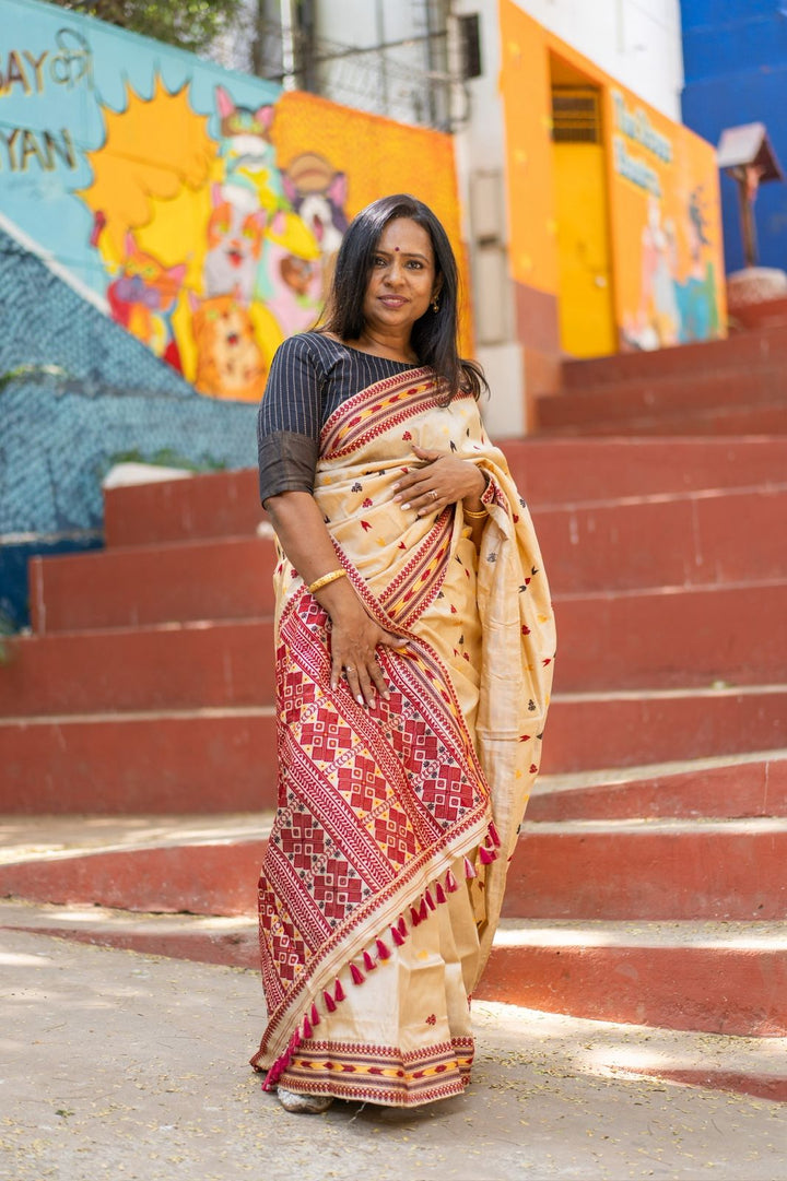 Maroon Contrast Pure Tussar Assam Silk Saree