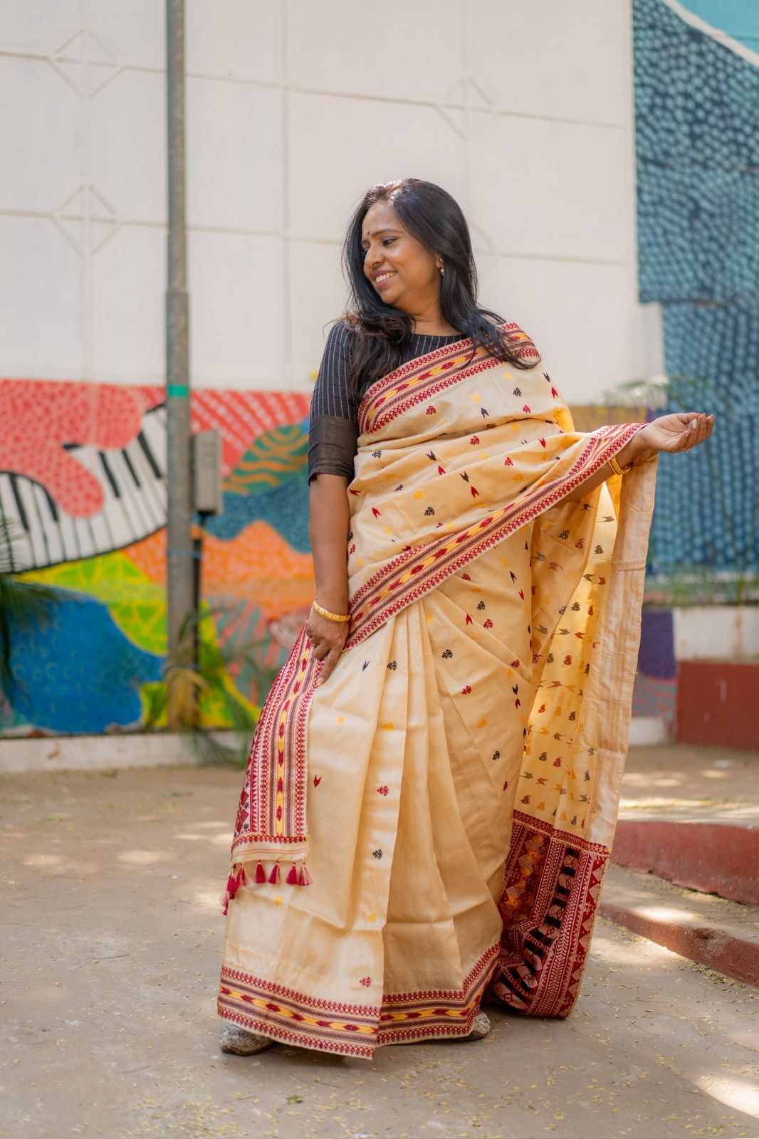 Maroon Contrast Pure Tussar Assam Silk Saree