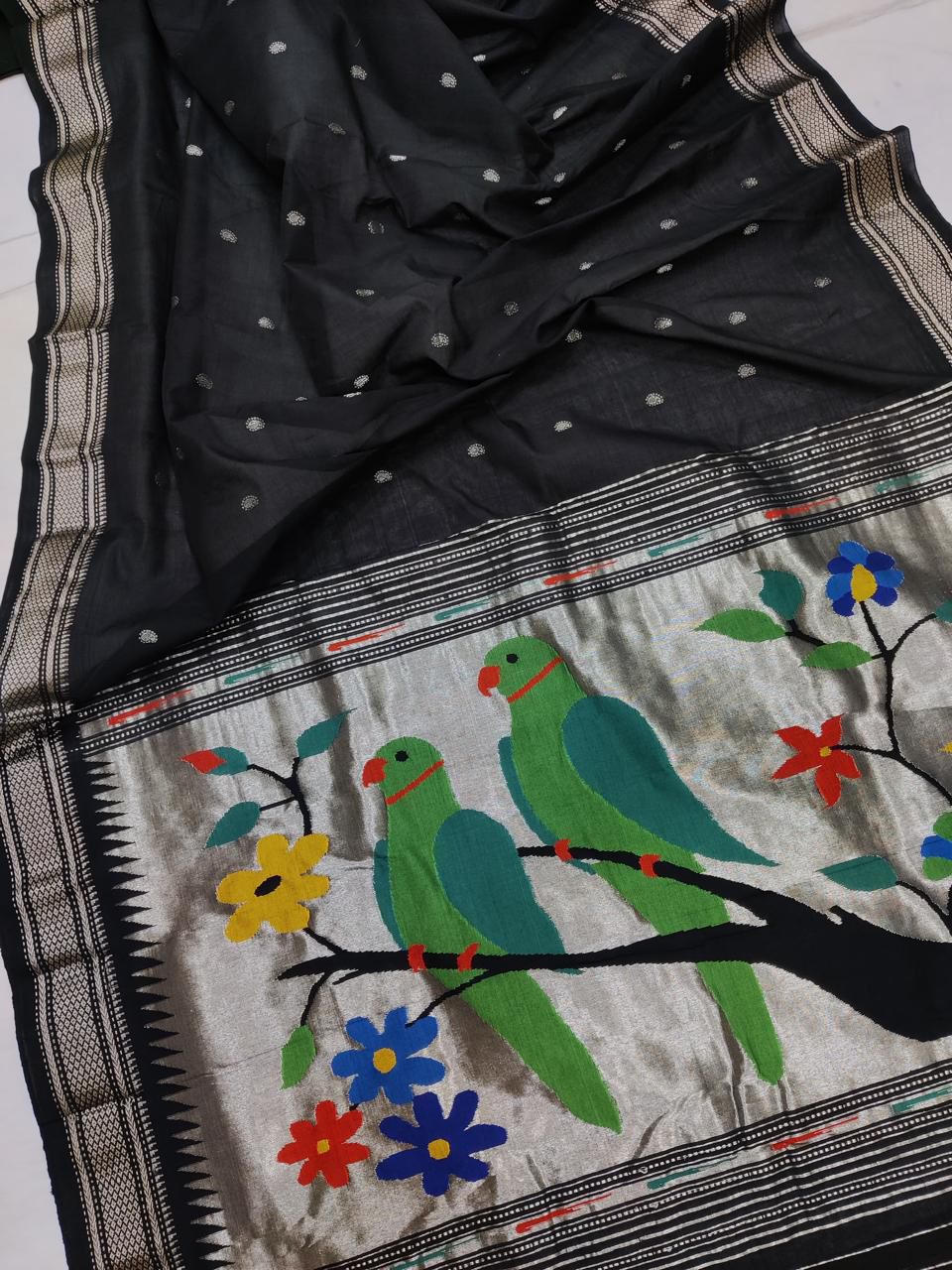 Noir Parrot Silver Zari Cotton Paithani Saree