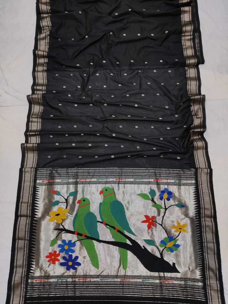 Noir Parrot Silver Zari Cotton Paithani Saree