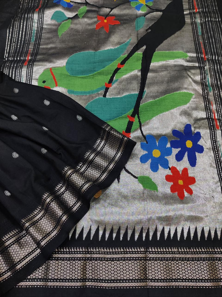 Noir Parrot Silver Zari Cotton Paithani Saree